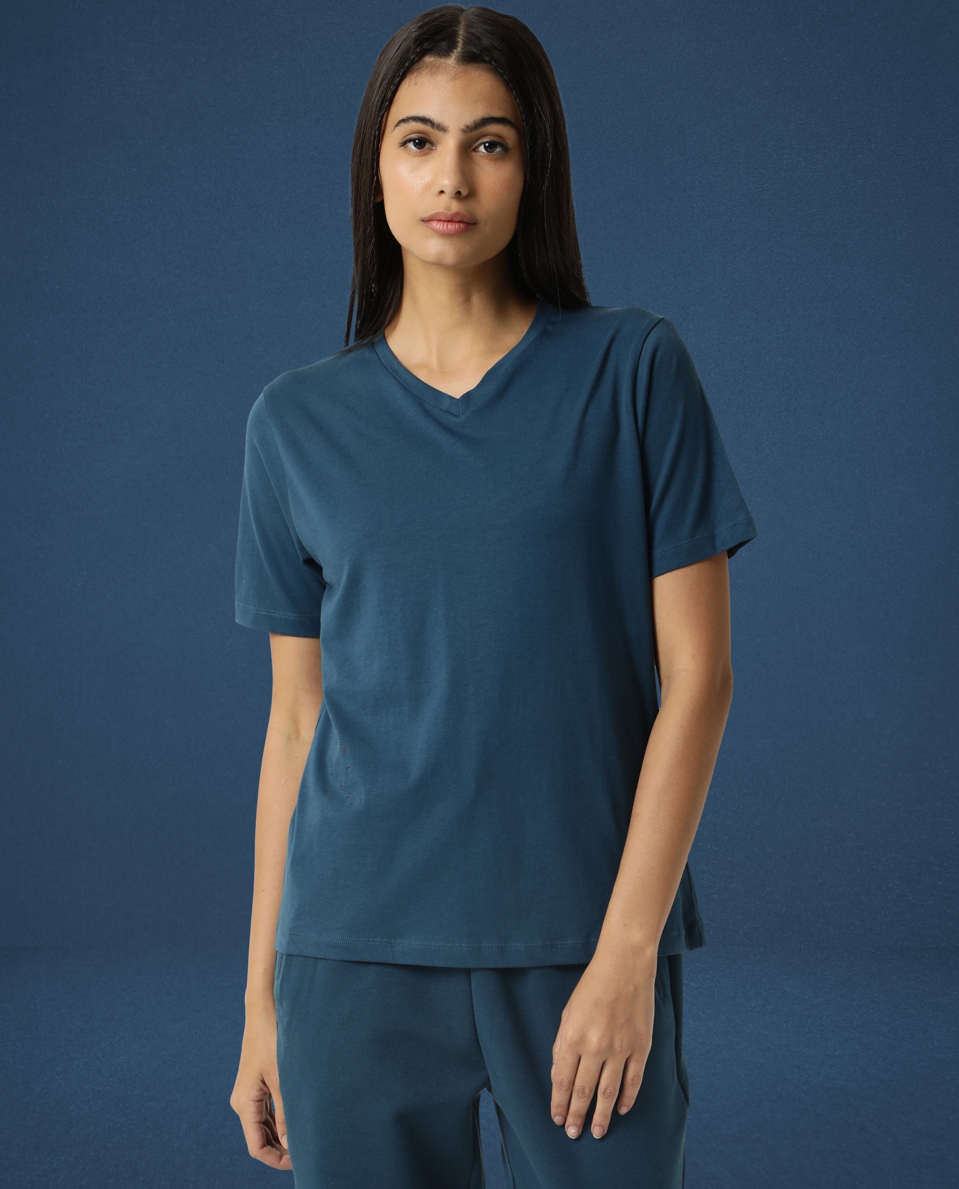 Rareism Women Arvi Dusky Green Cotton Blend Fabric Regular Fit Half Sleeves Solid V-Neck T-Shirt