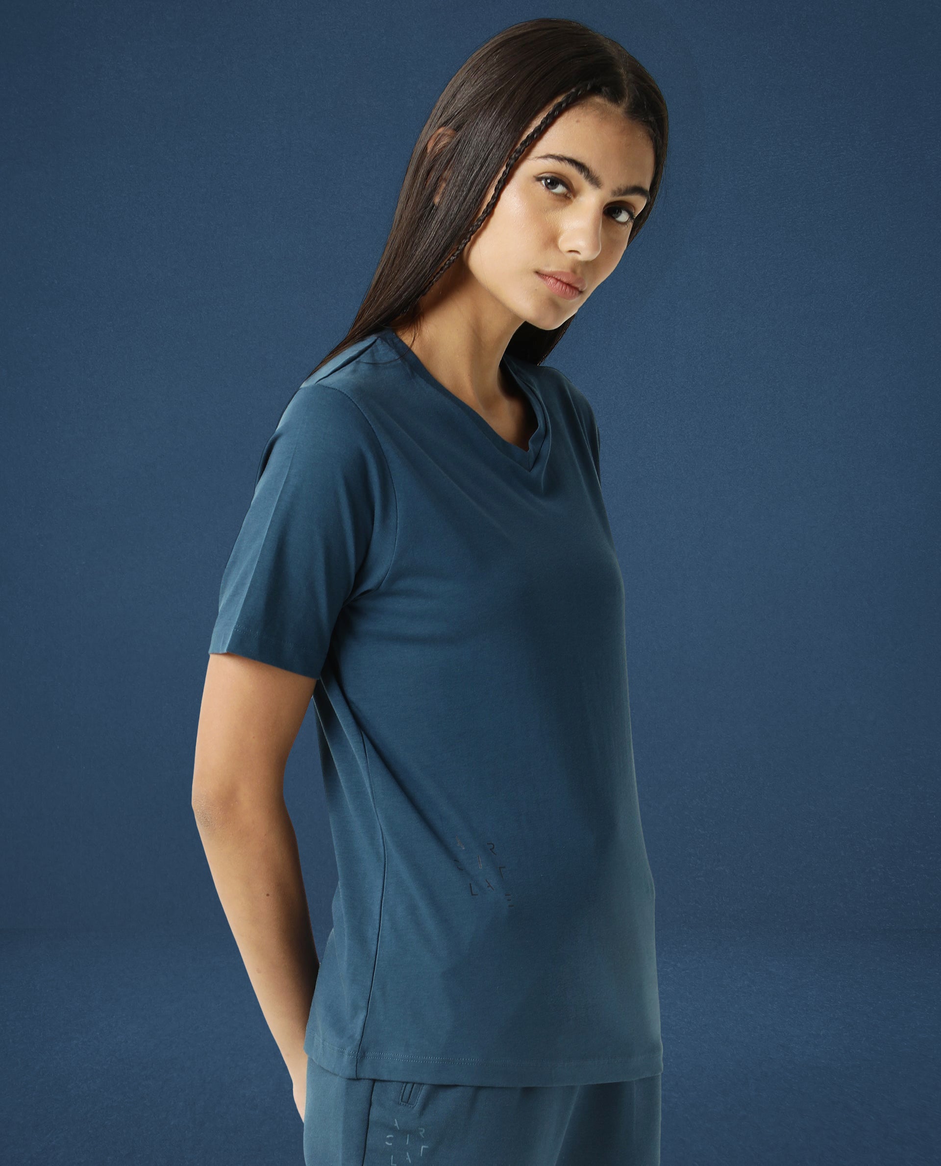 Rareism Women Arvi Dusky Green Cotton Blend Fabric Regular Fit Half Sleeves Solid V-Neck T-Shirt