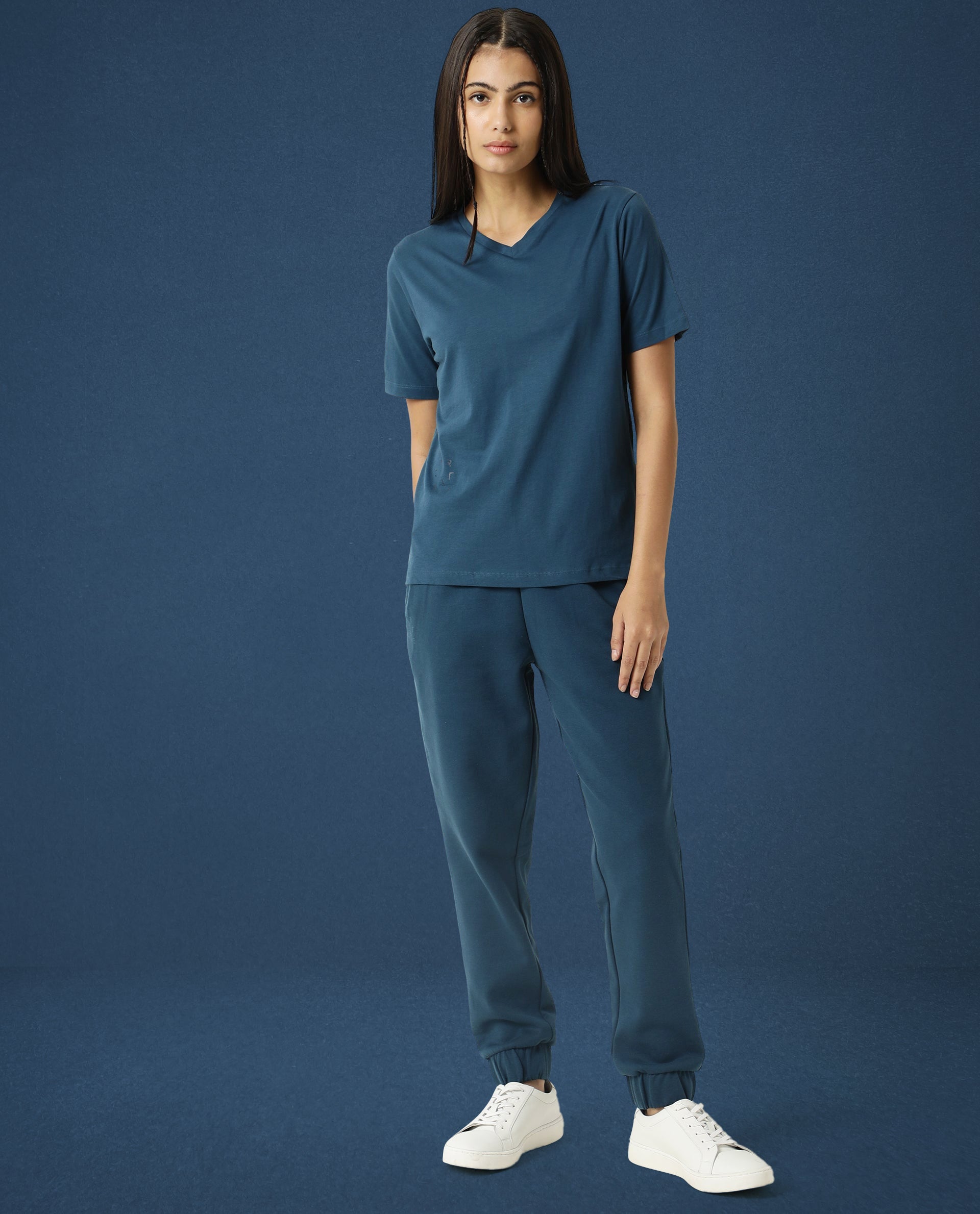 Rareism Women Arvi Dusky Green Cotton Blend Fabric Regular Fit Half Sleeves Solid V-Neck T-Shirt