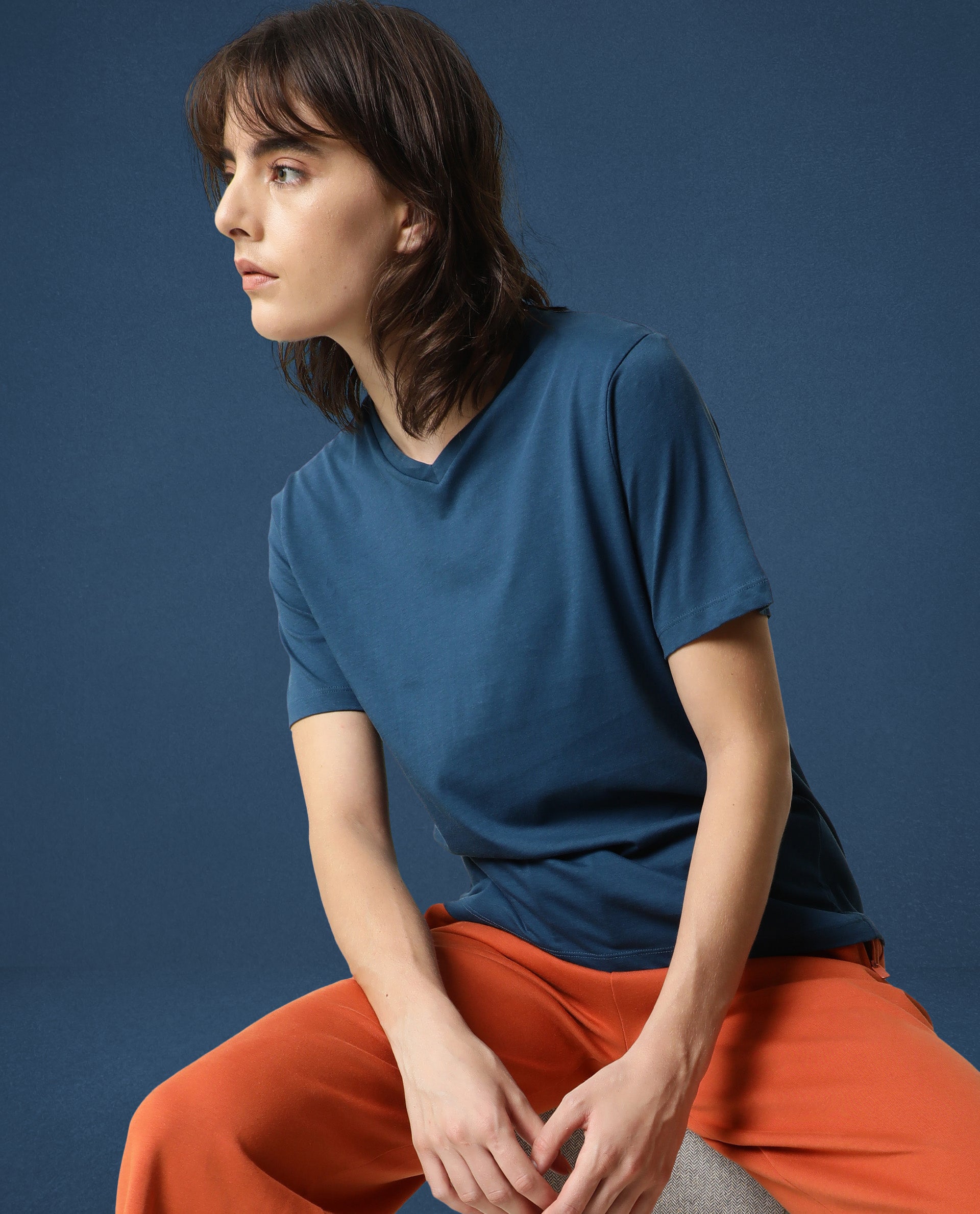 Rareism Women Arvi Dusky Green Cotton Blend Fabric Regular Fit Half Sleeves Solid V-Neck T-Shirt