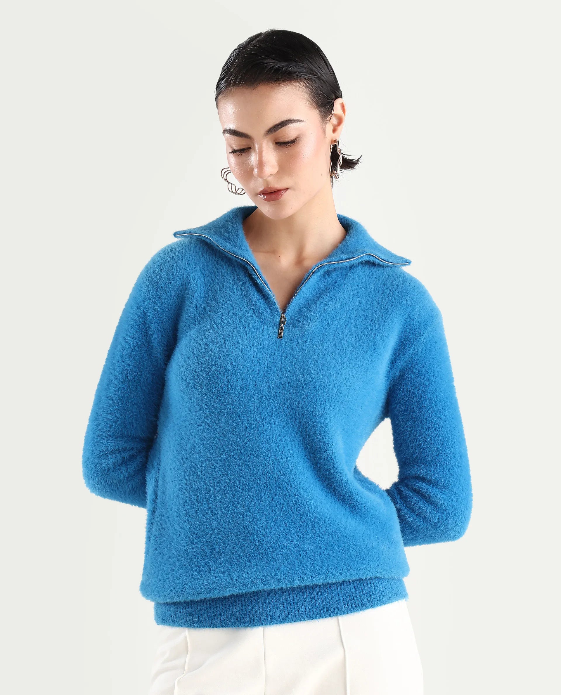 Rareism Women's Asser Blue Polyester Blend High Neck Plain Relaxed Fit Sweater