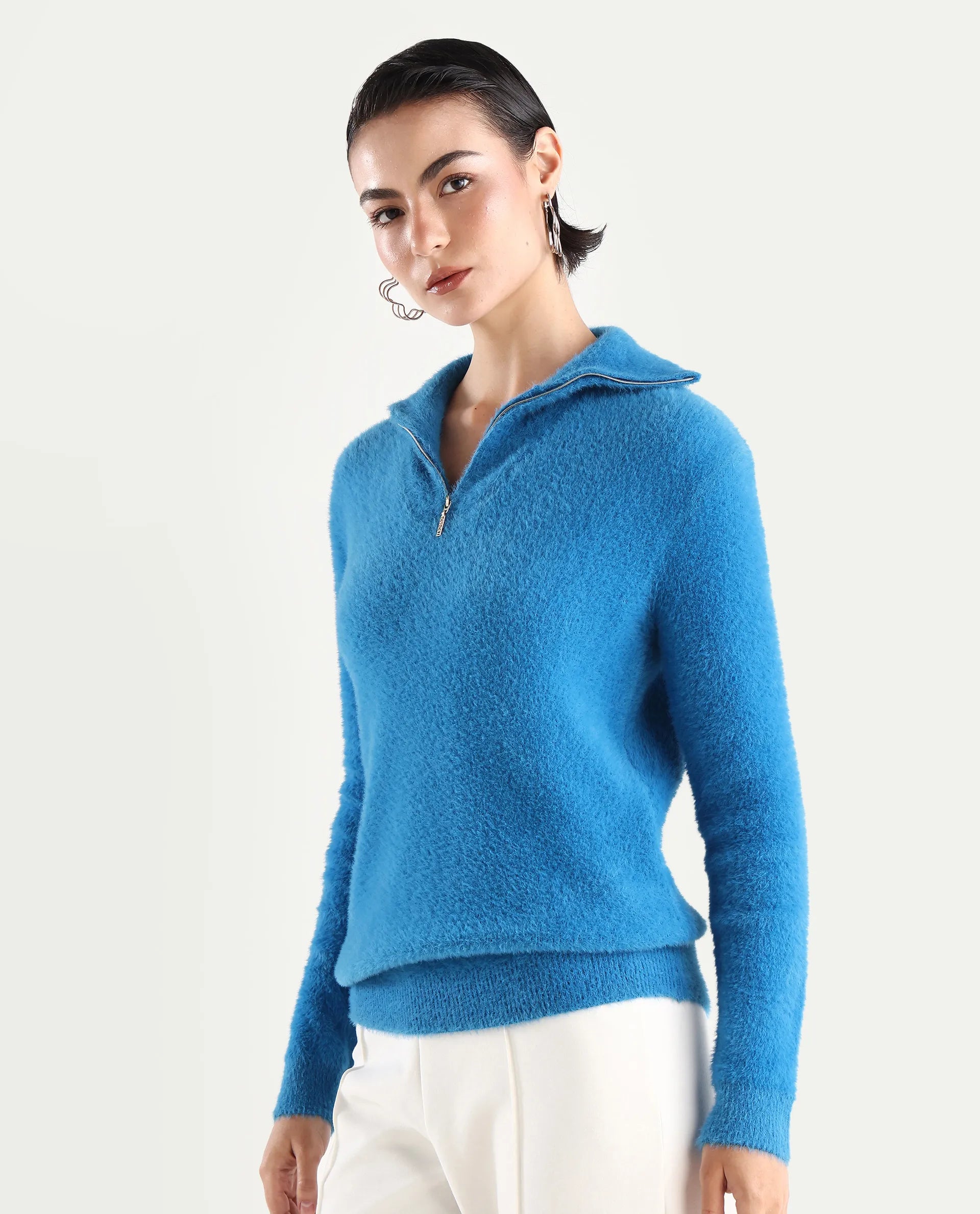 Rareism Women's Asser Blue Polyester Blend High Neck Plain Relaxed Fit Sweater