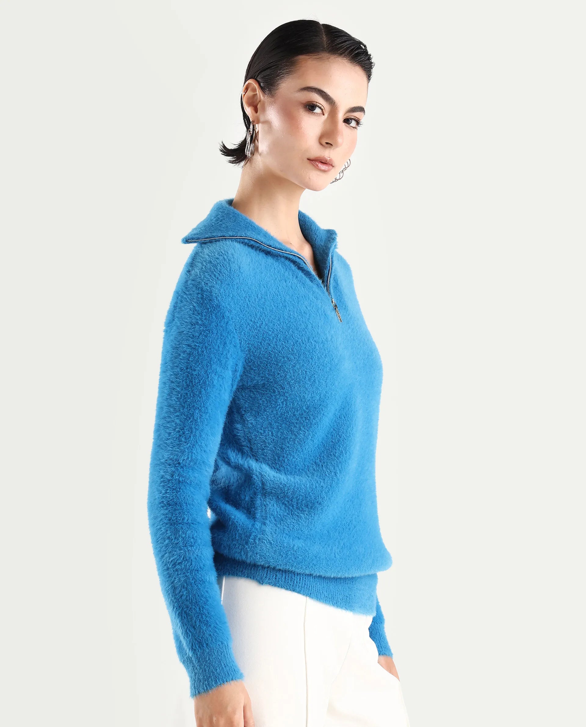 Rareism Women's Asser Blue Polyester Blend High Neck Plain Relaxed Fit Sweater
