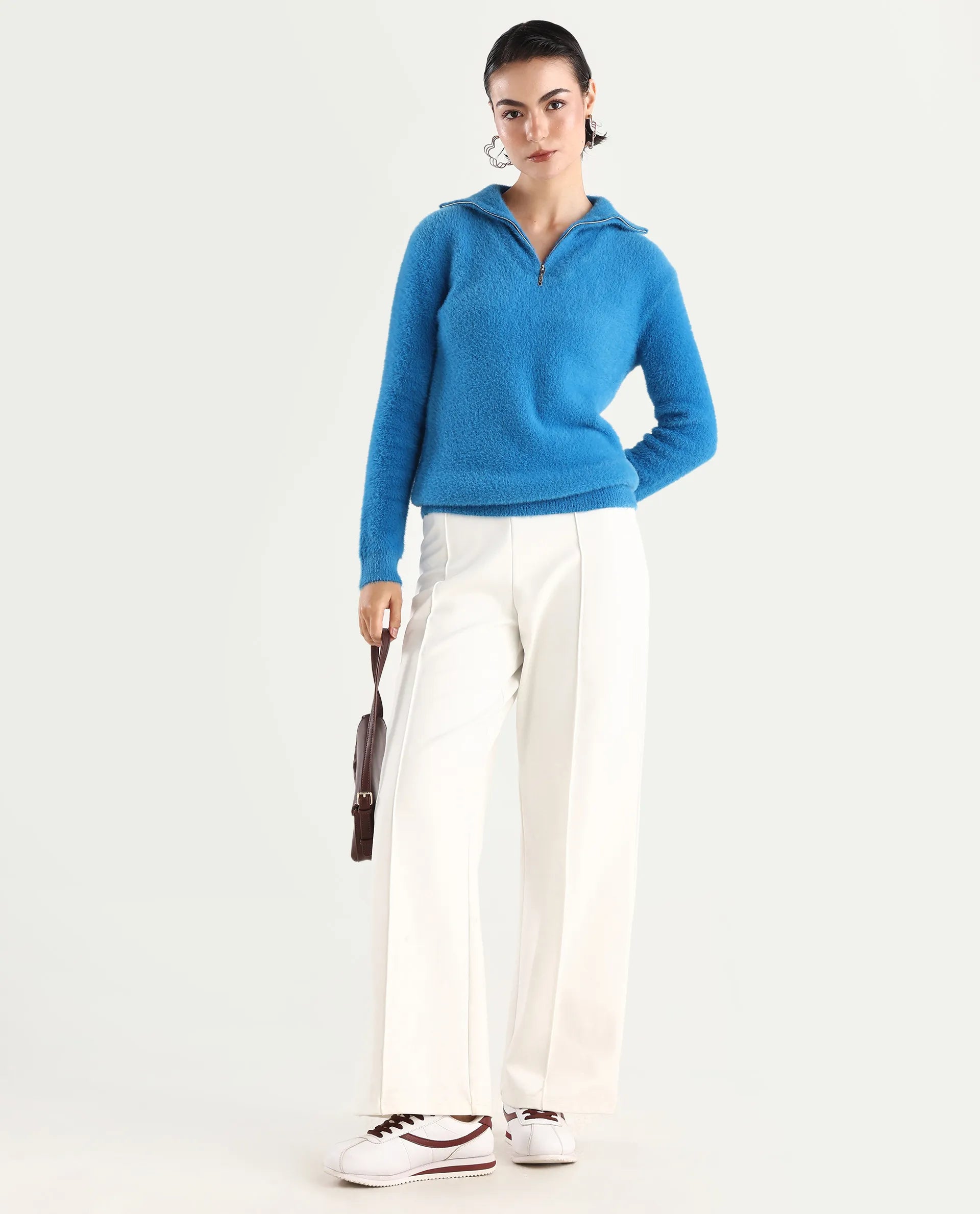 Rareism Women's Asser Blue Polyester Blend High Neck Plain Relaxed Fit Sweater