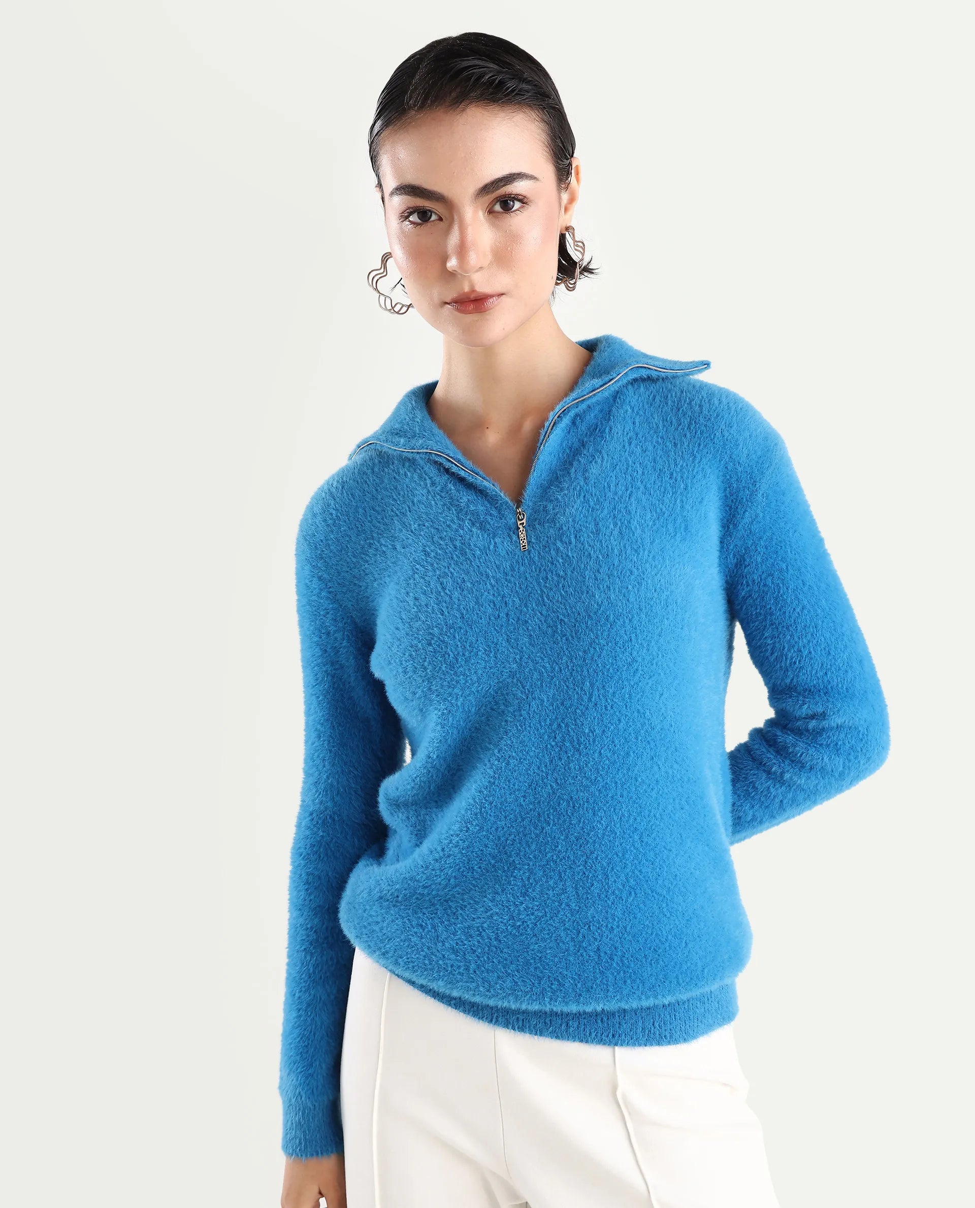 Rareism Women's Asser Blue Polyester Blend High Neck Plain Relaxed Fit Sweater