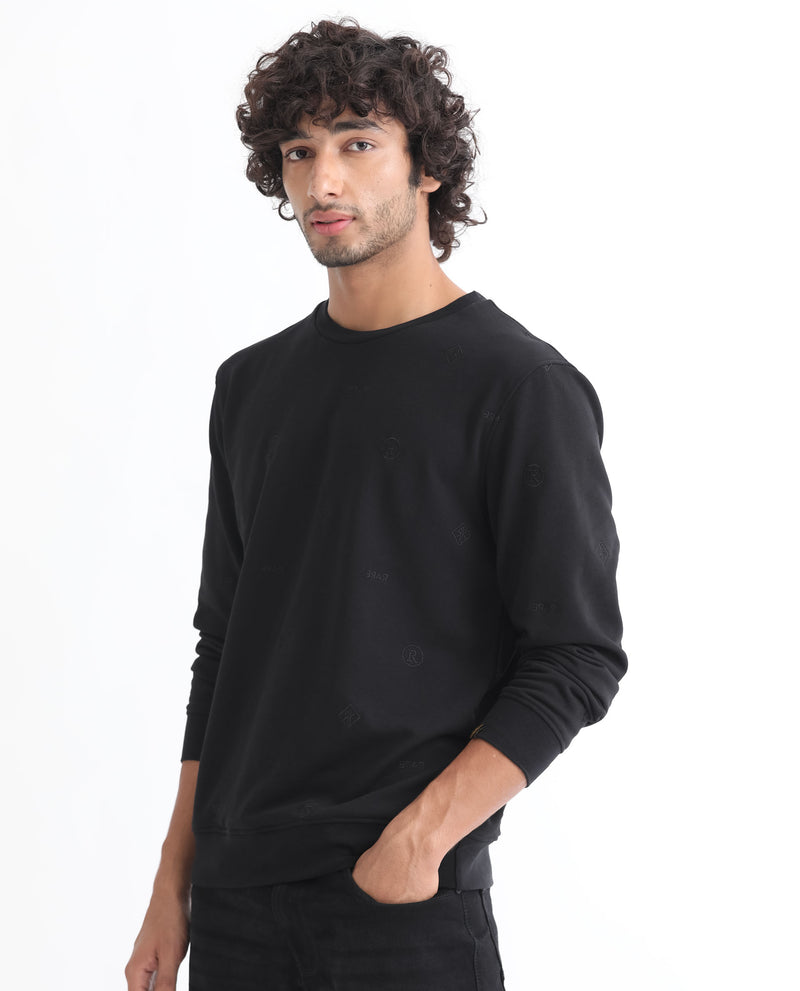 RARE RABBIT MENS ASTRIX BLACK SWEATSHIRT COTTON POLYESTER TERRY FABRIC ROUND NECK KNITTED FULL SLEEVES COMFORTABLE FIT