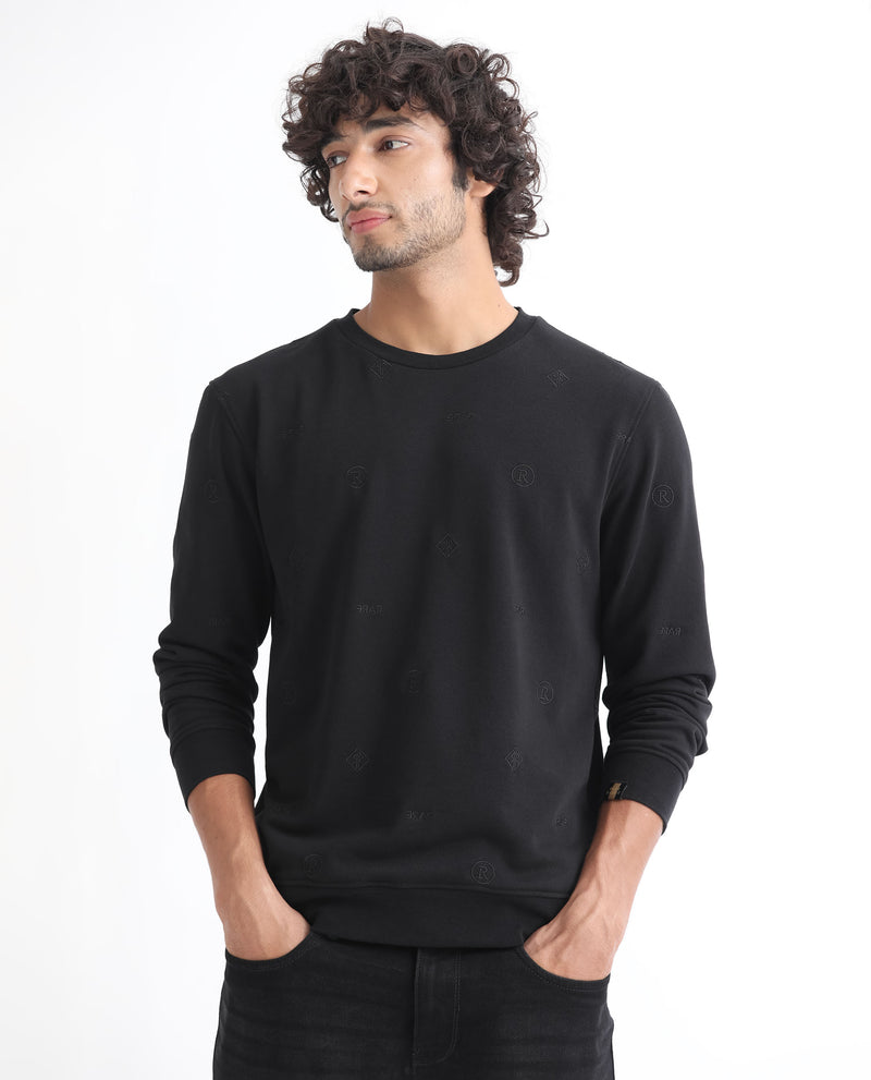 RARE RABBIT MENS ASTRIX BLACK SWEATSHIRT COTTON POLYESTER TERRY FABRIC ROUND NECK KNITTED FULL SLEEVES COMFORTABLE FIT