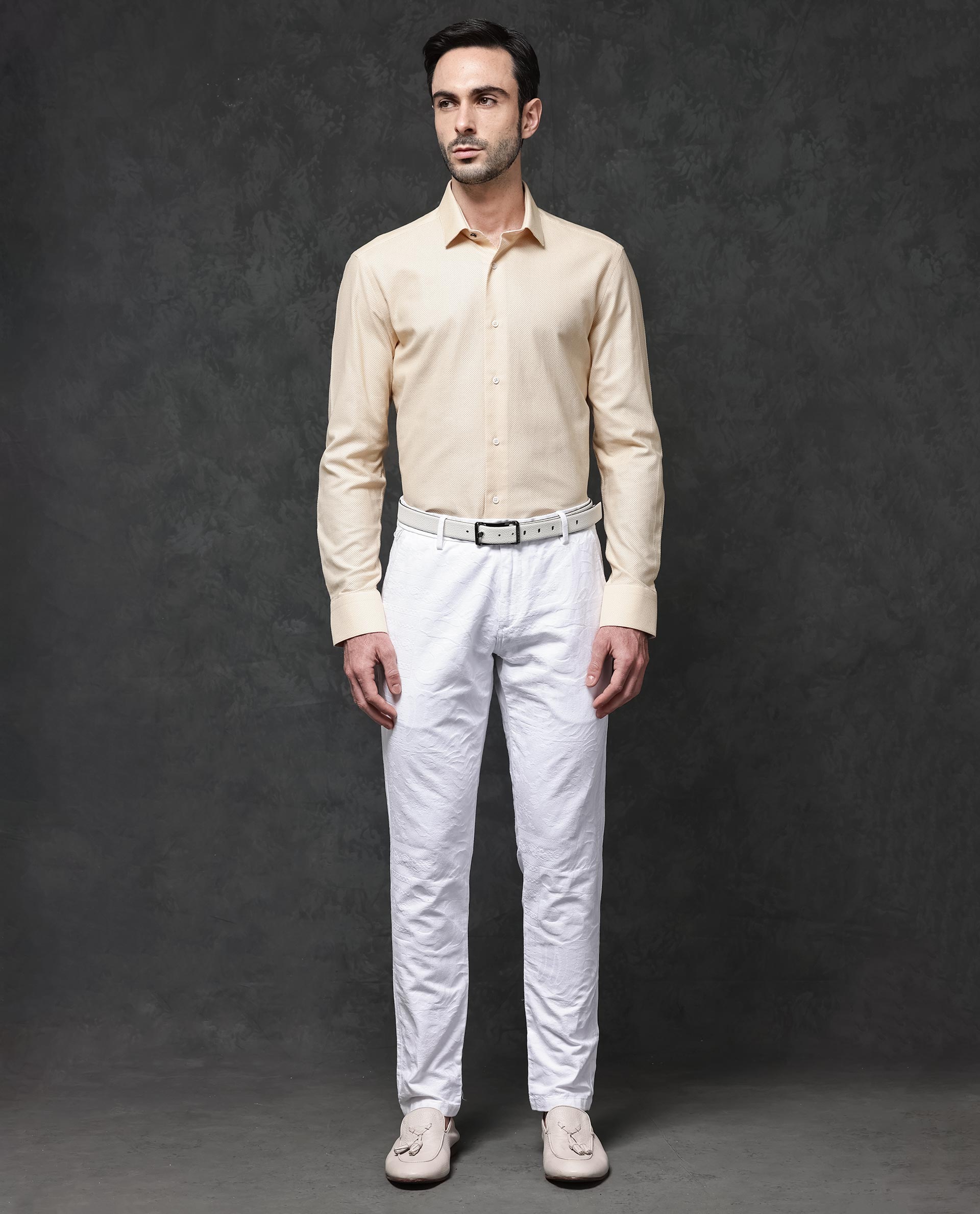 Rare Rabbit Mens Astron Pastel Yellow Full Sleeve Solid Dobby Shirt