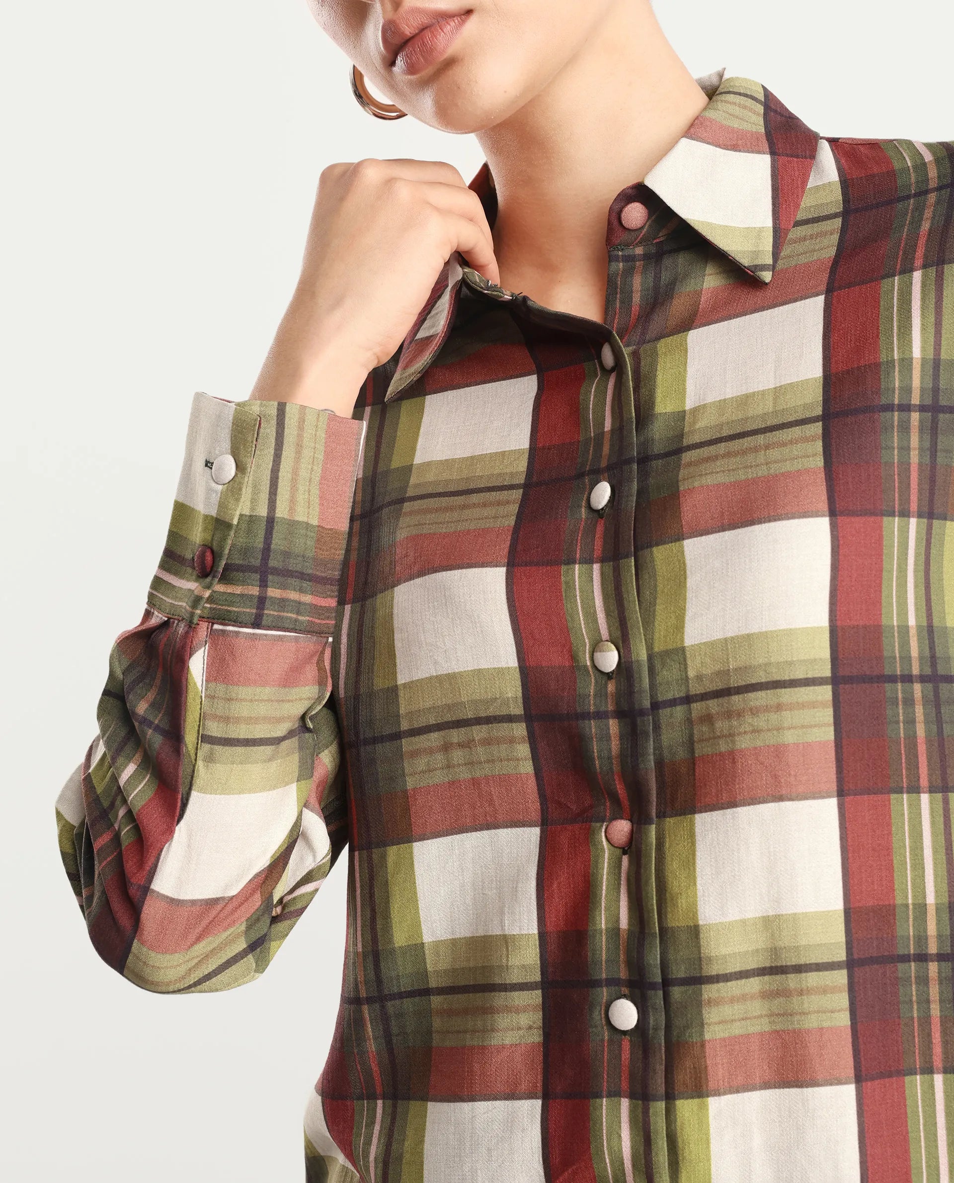 Rareism Women's Atoil Multi Viscose Blend Drop Collar Flannel Print Cuffed Sleeve Regular Fit Shirt