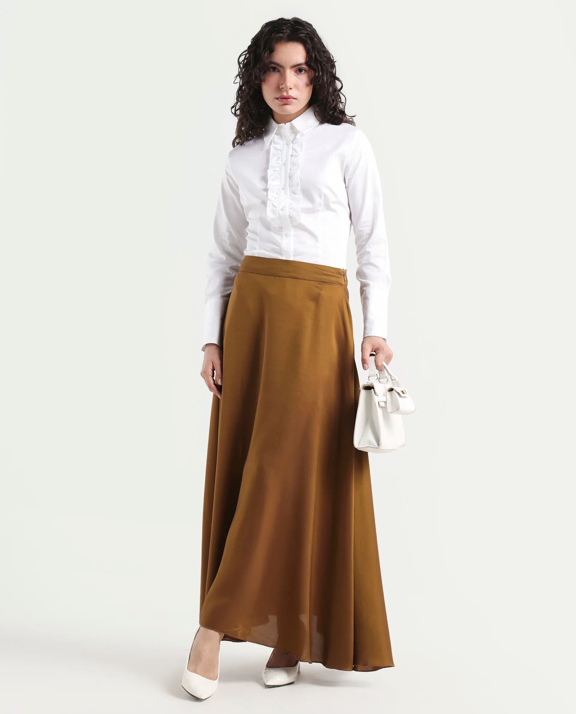 Rareism Women's Aubrey White Cotton Spread Collar Plain Regular Fit Top