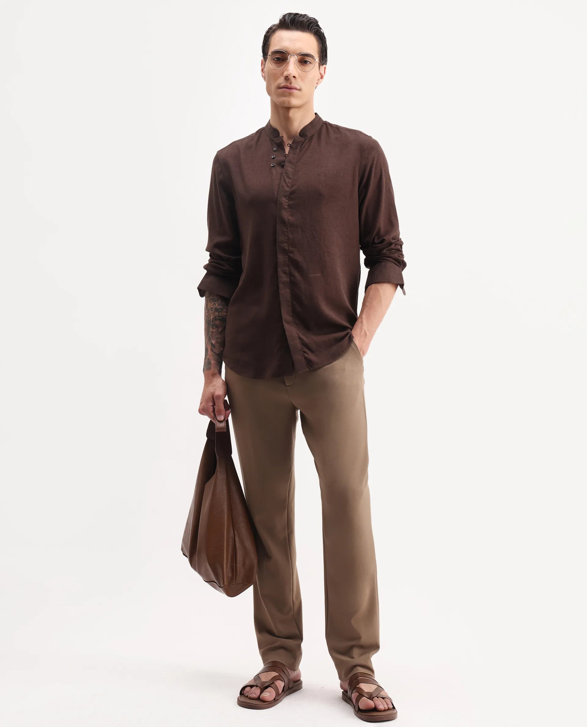 Rare Rabbit Men Austi-Aw25 Dark Beige Polyester Fabric Button Closure Regular Fit Plain Trouser