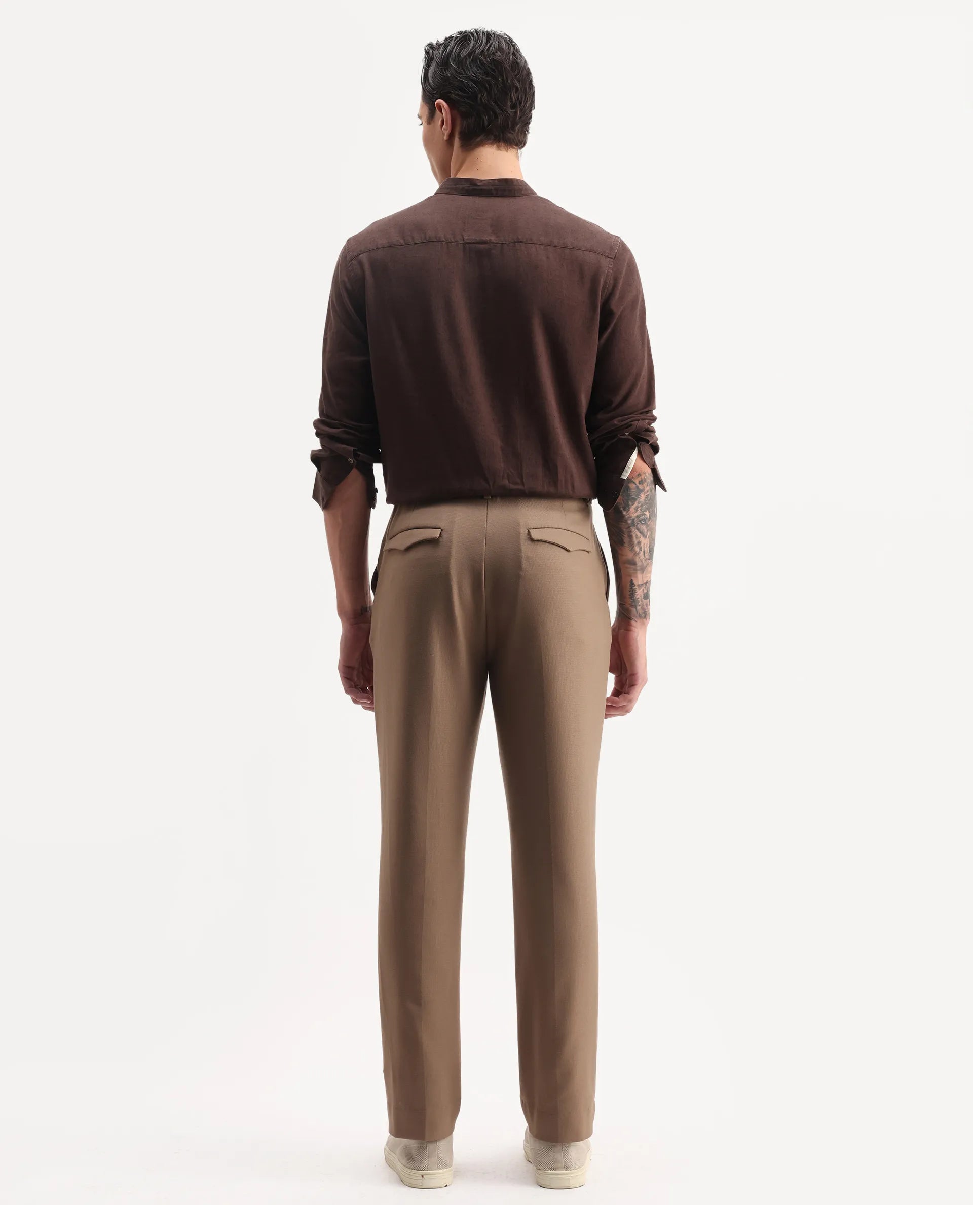 Rare Rabbit Men Austi-Aw25 Dark Beige Polyester Fabric Button Closure Regular Fit Plain Trouser