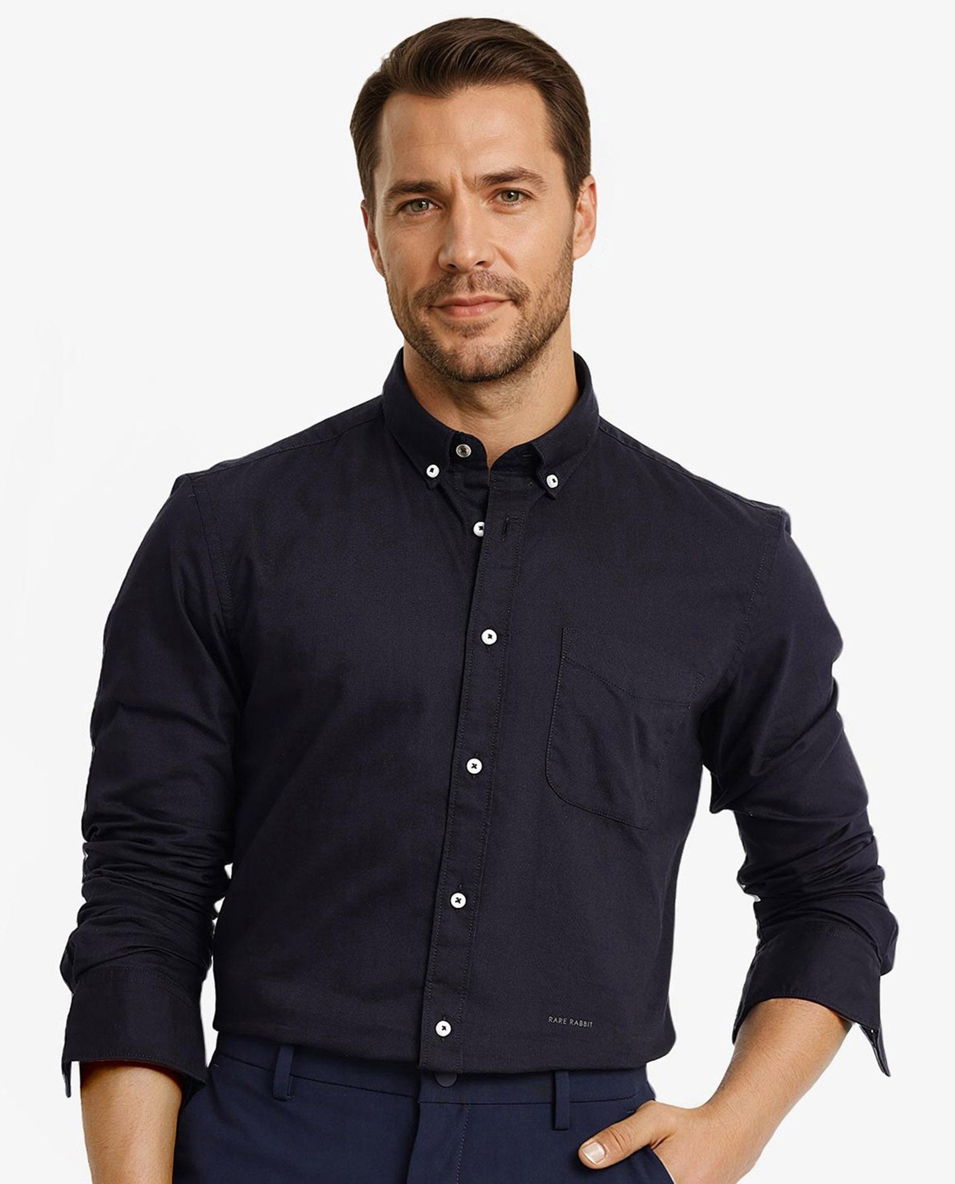 Rare Rabbit Men's Auxfo Black Cotton Fabric Full Sleeves Button Down Collar Solid Shirt