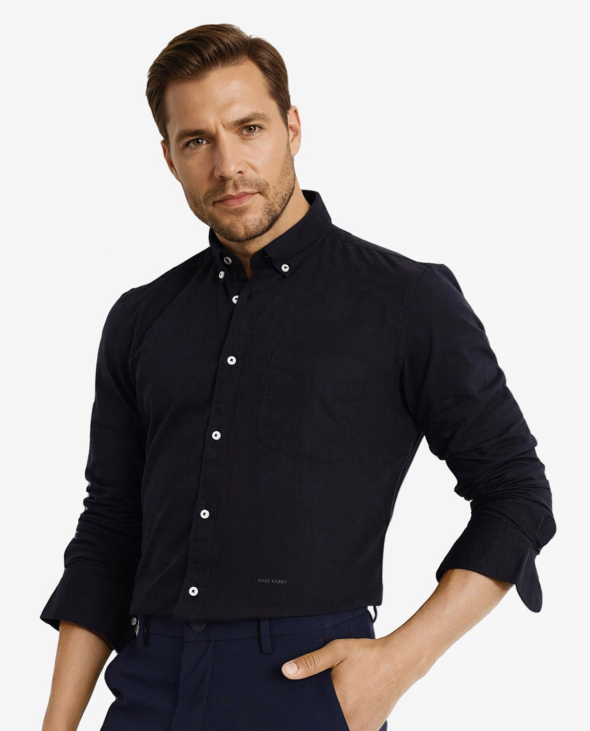 Rare Rabbit Men's Auxfo Black Cotton Fabric Full Sleeves Button Down Collar Solid Shirt