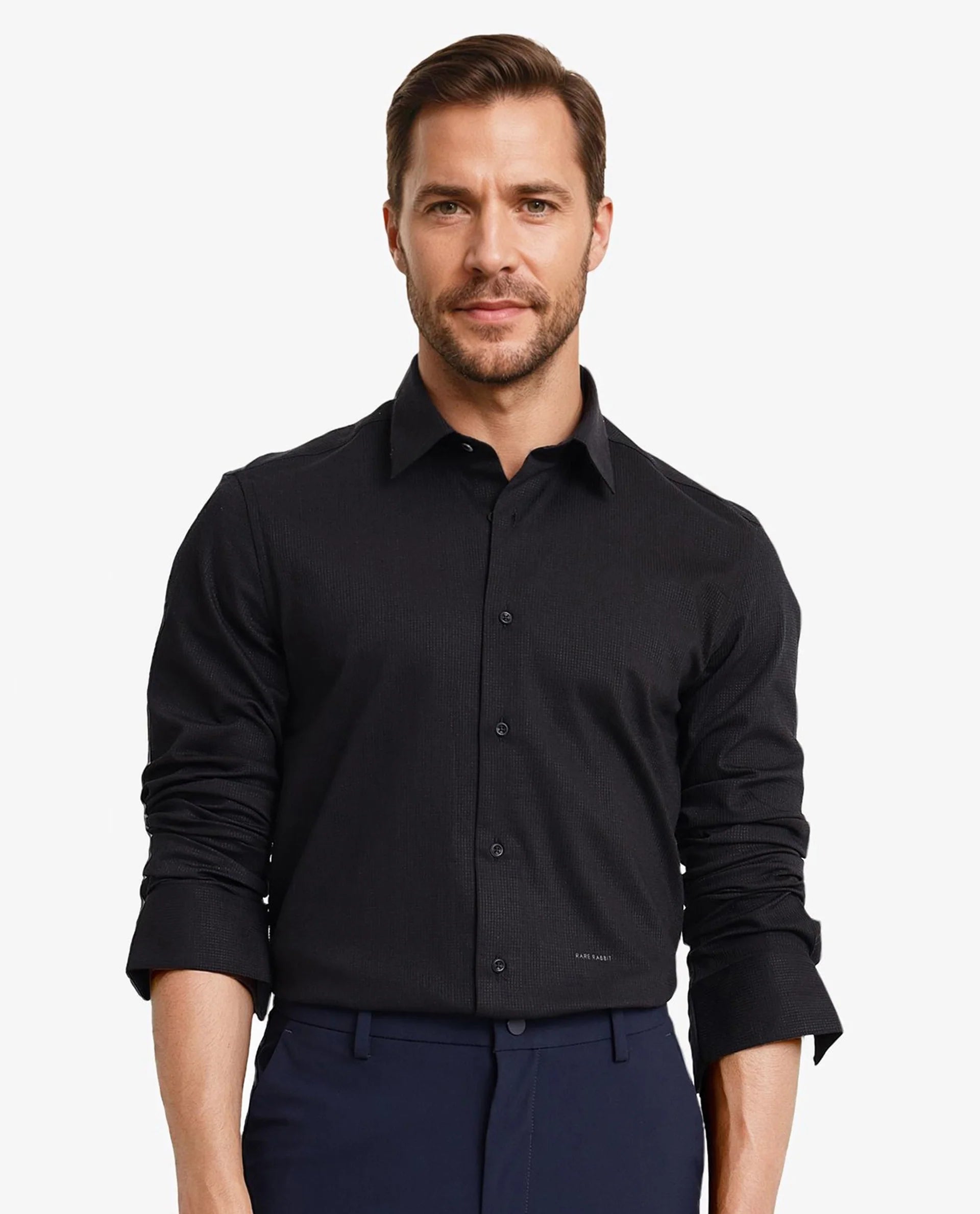 Rare Rabbit Men's Auxon Black Polyester Cotton Fabric Blend Full Sleeve Regular Fit Solid Textured Shirt