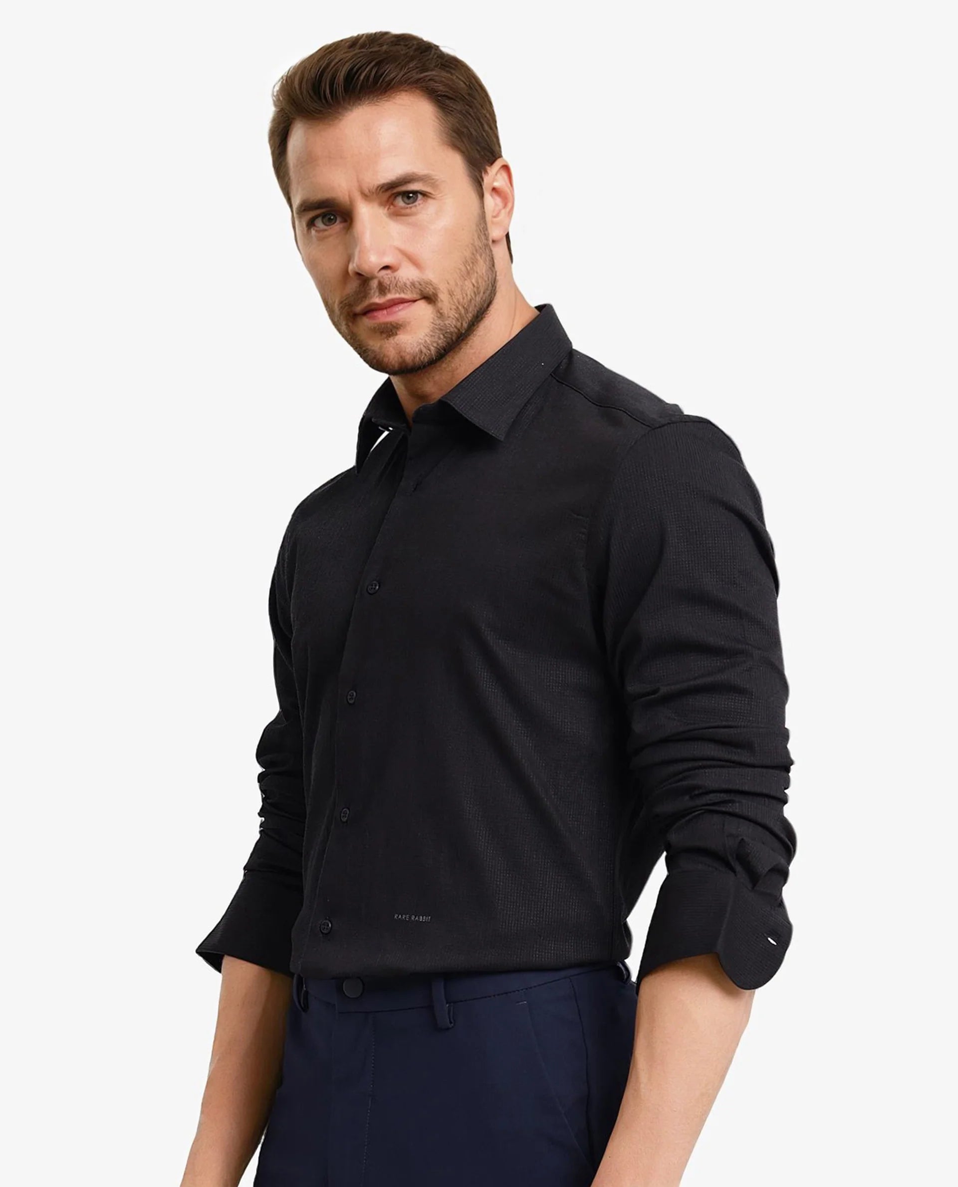 Rare Rabbit Men's Auxon Black Polyester Cotton Fabric Blend Full Sleeve Regular Fit Solid Textured Shirt