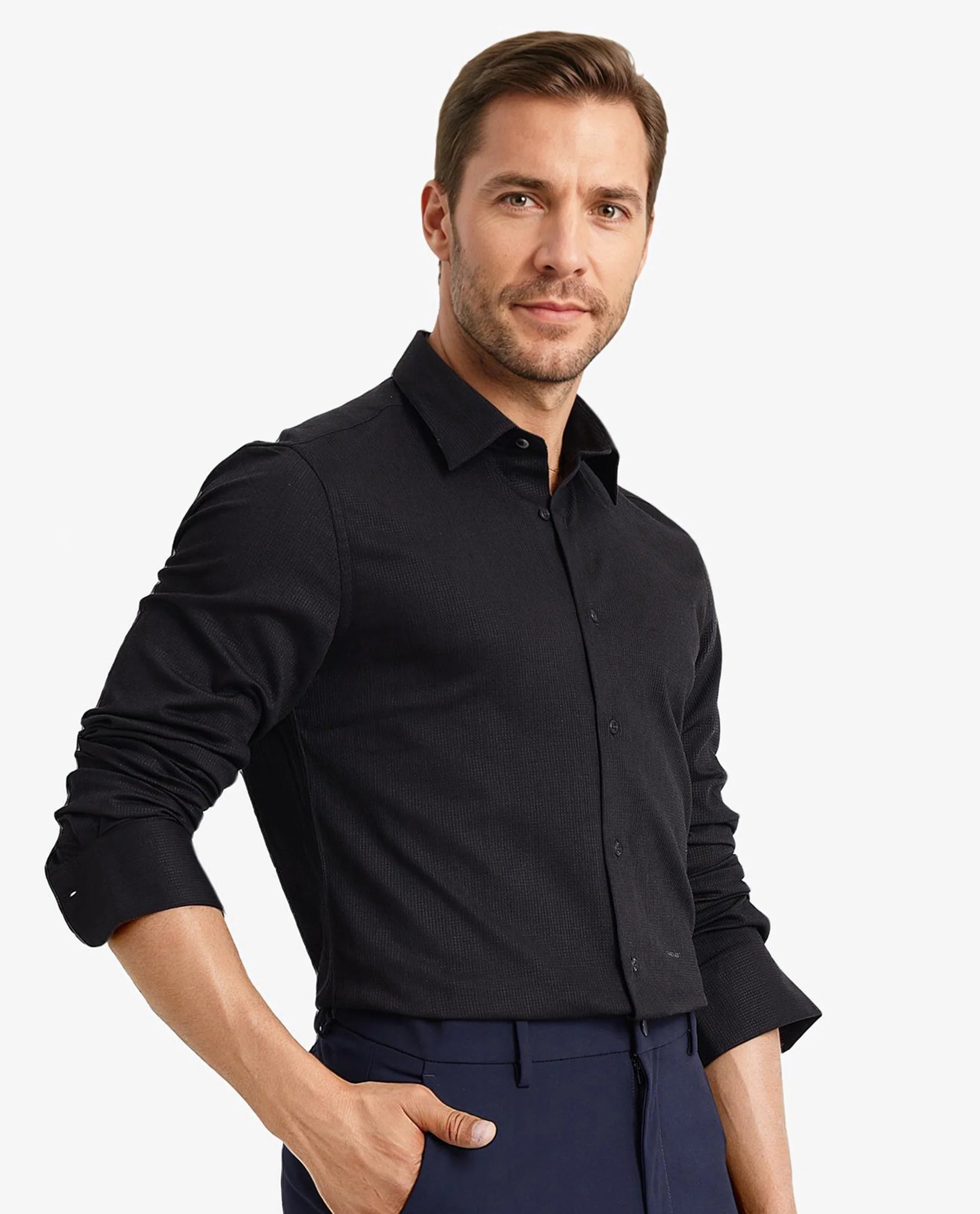 Rare Rabbit Men's Auxon Black Polyester Cotton Fabric Blend Full Sleeve Regular Fit Solid Textured Shirt