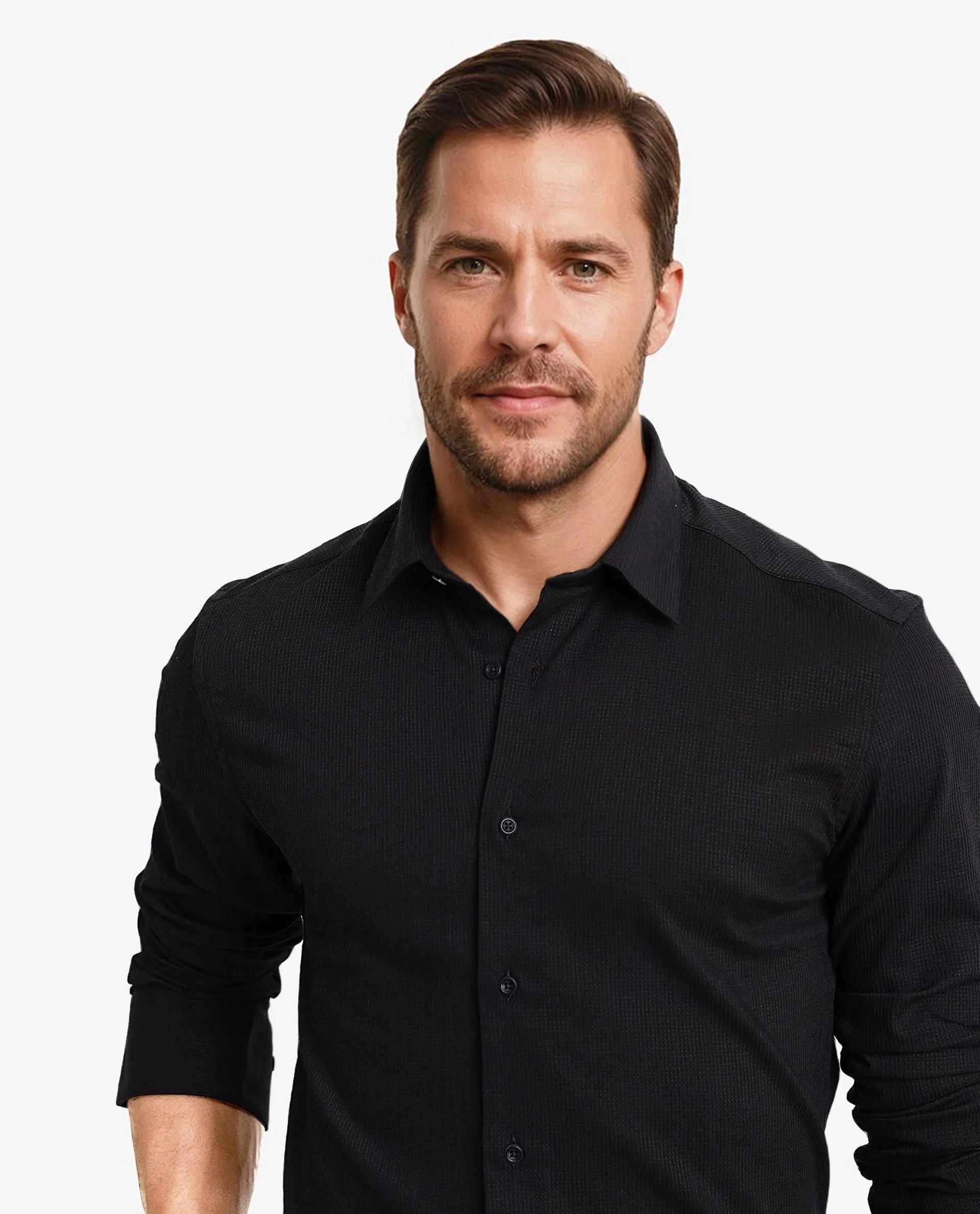 Rare Rabbit Men's Auxon Black Polyester Cotton Fabric Blend Full Sleeve Regular Fit Solid Textured Shirt