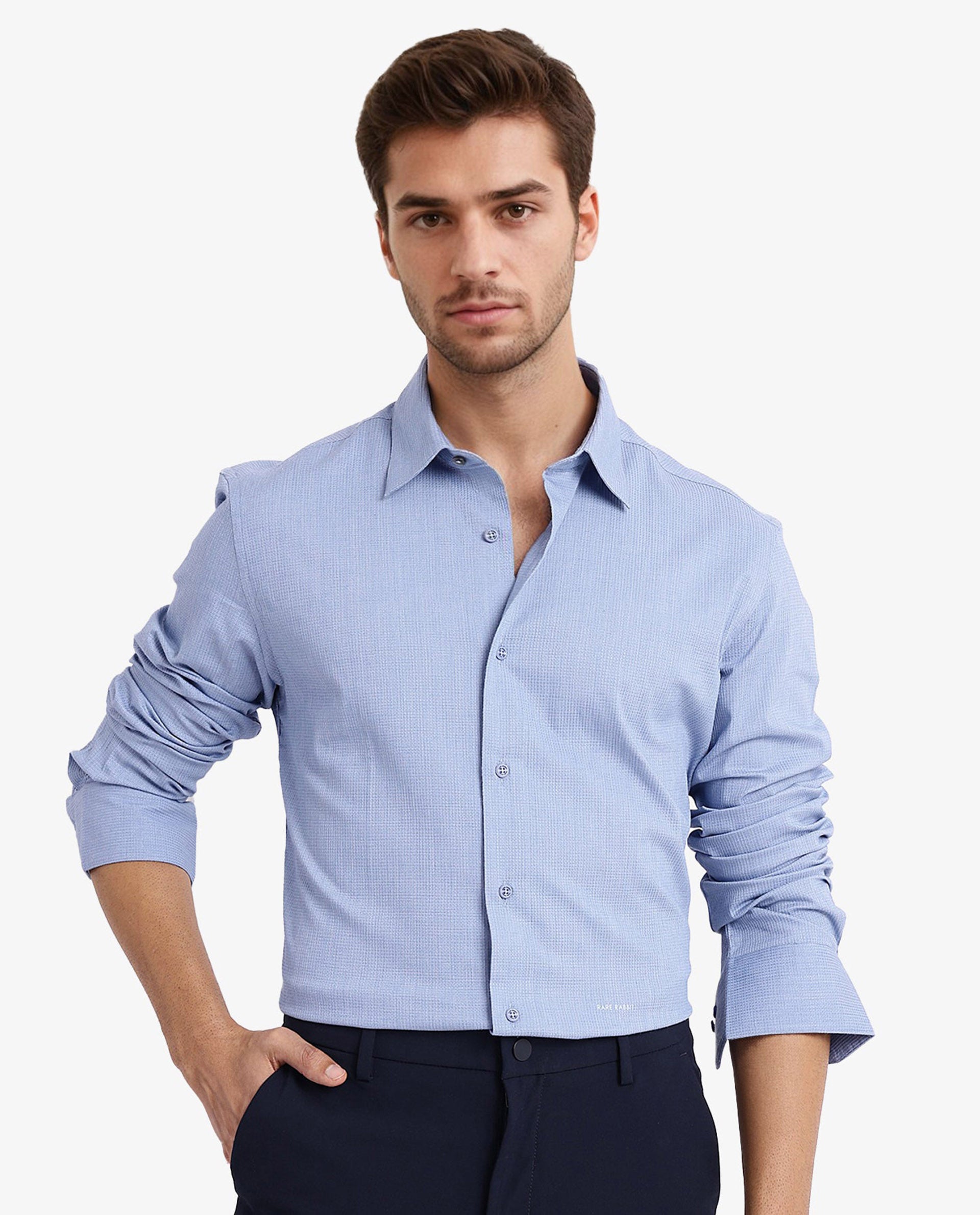 Rare Rabbit Men's Auxon Dusky Blue Polyester Cotton Fabric Blend Full Sleeve Regular Fit Solid Textured Shirt