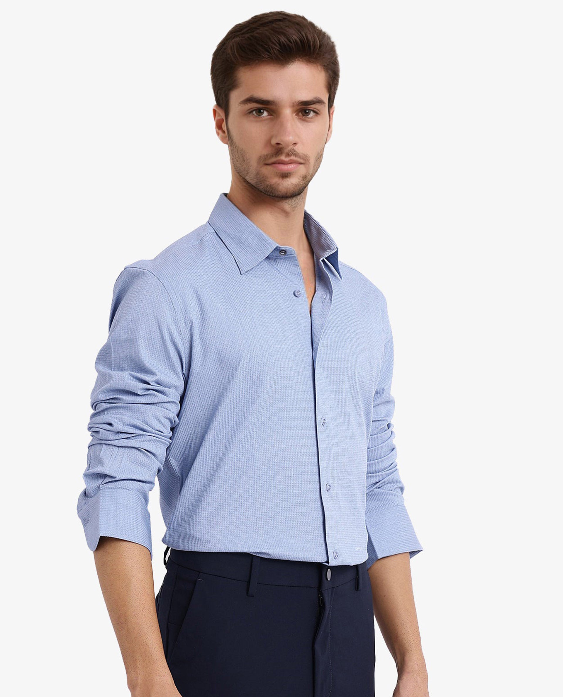 Rare Rabbit Men's Auxon Dusky Blue Polyester Cotton Fabric Blend Full Sleeve Regular Fit Solid Textured Shirt