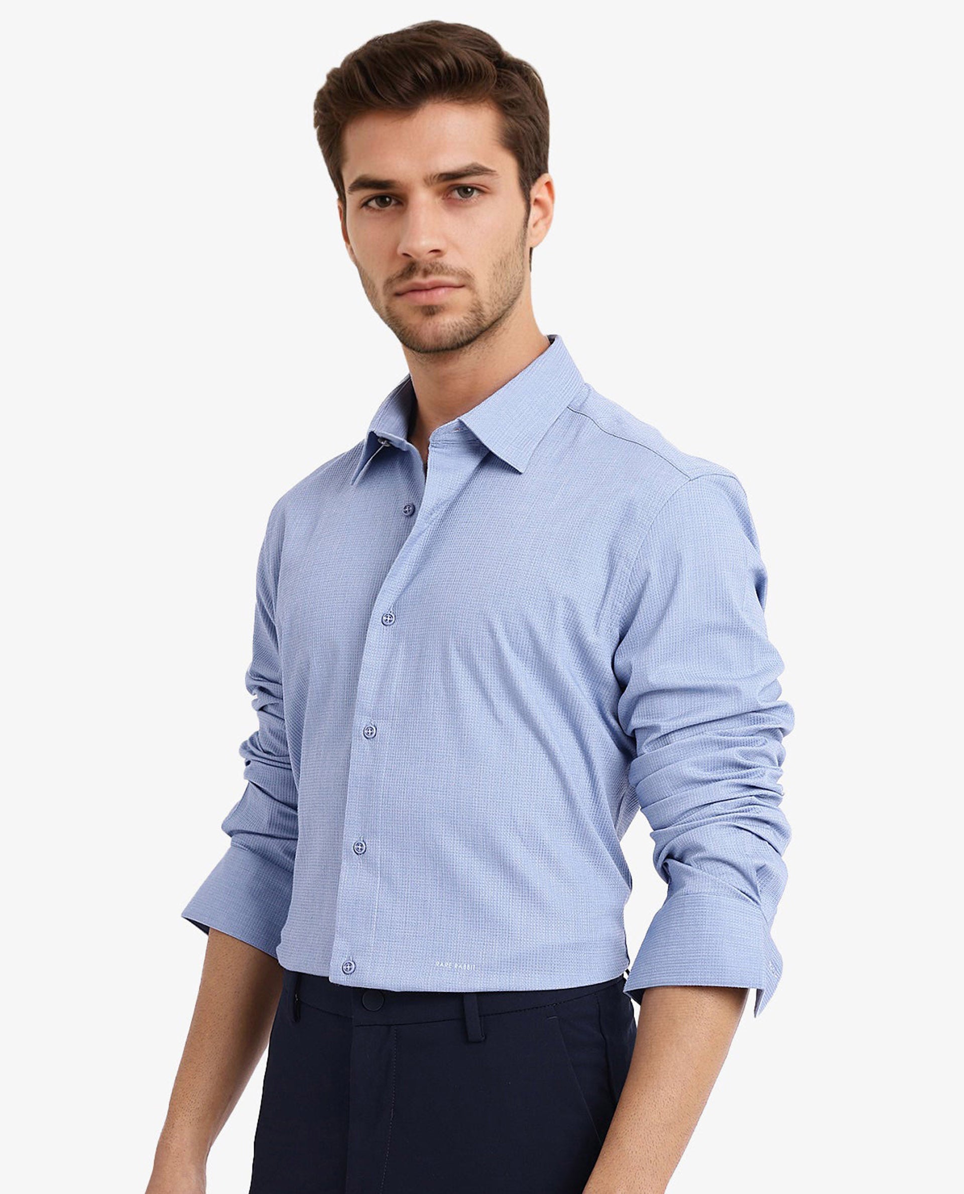 Rare Rabbit Men's Auxon Dusky Blue Polyester Cotton Fabric Blend Full Sleeve Regular Fit Solid Textured Shirt