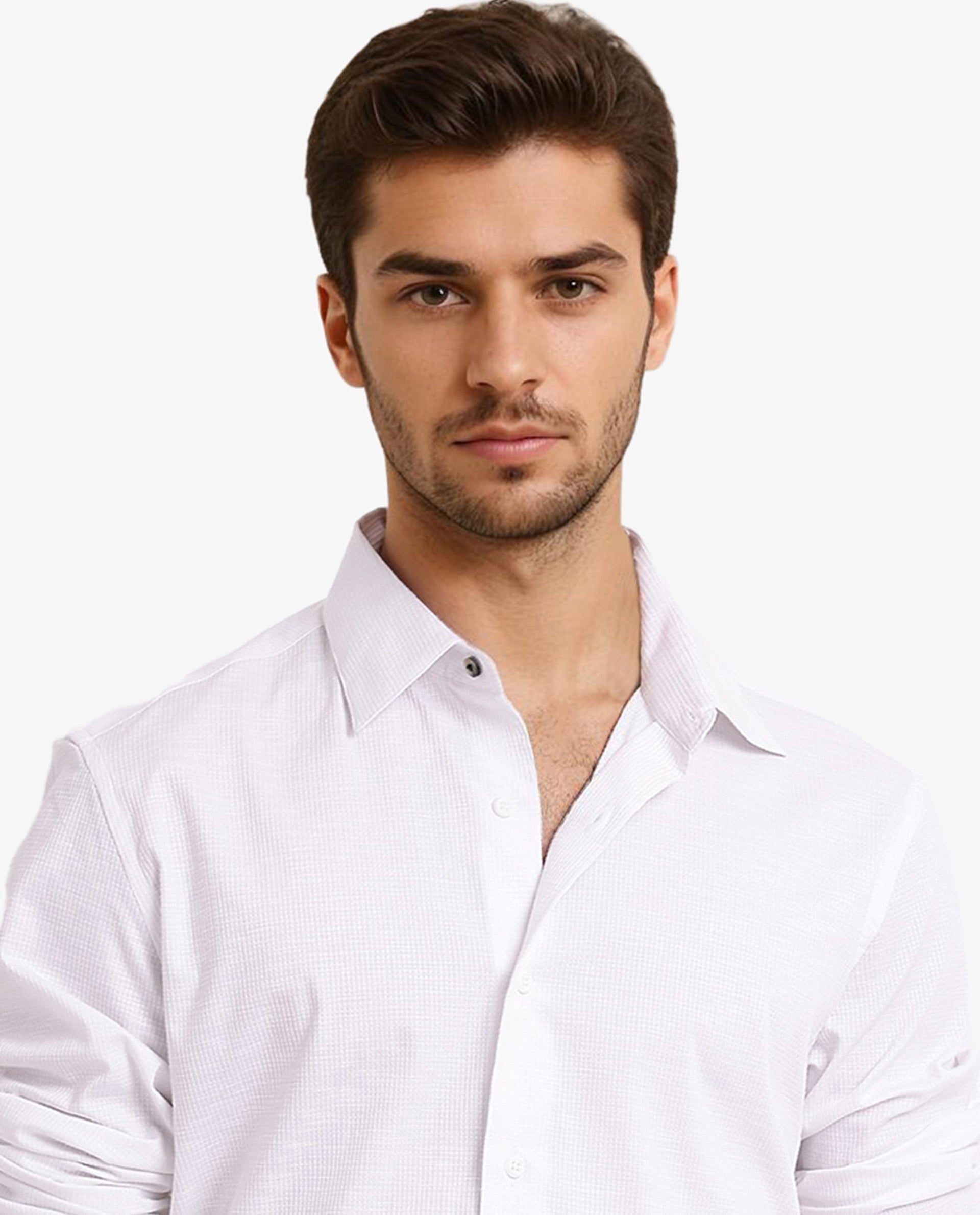 Rare Rabbit Men's Auxon White Polyester Cotton Fabric Blend Full Sleeve Regular Fit Solid Textured Shirt