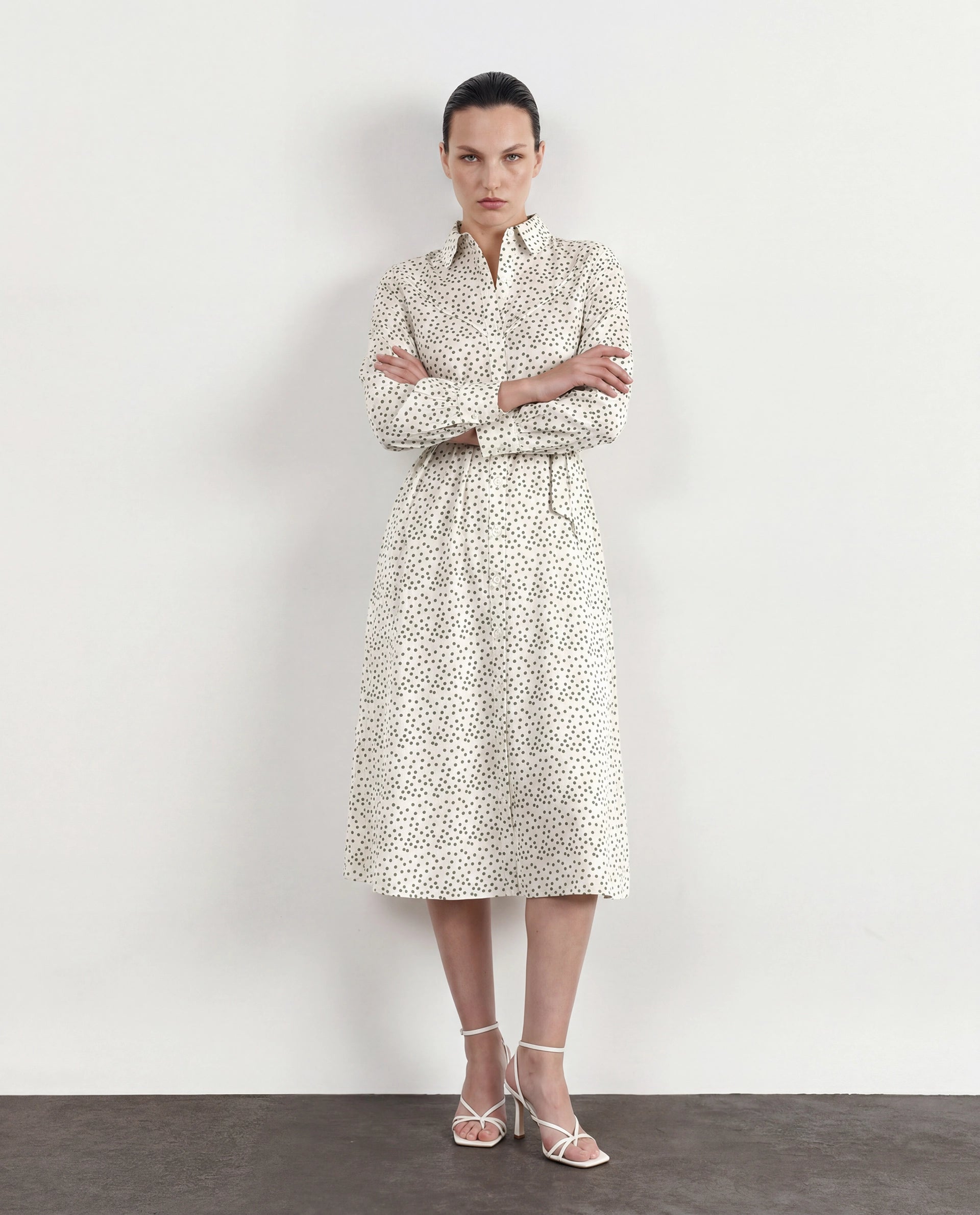 Rareism Women's Avac Off White Cotton Satin Full Sleeve A-Line Polka Print Dress