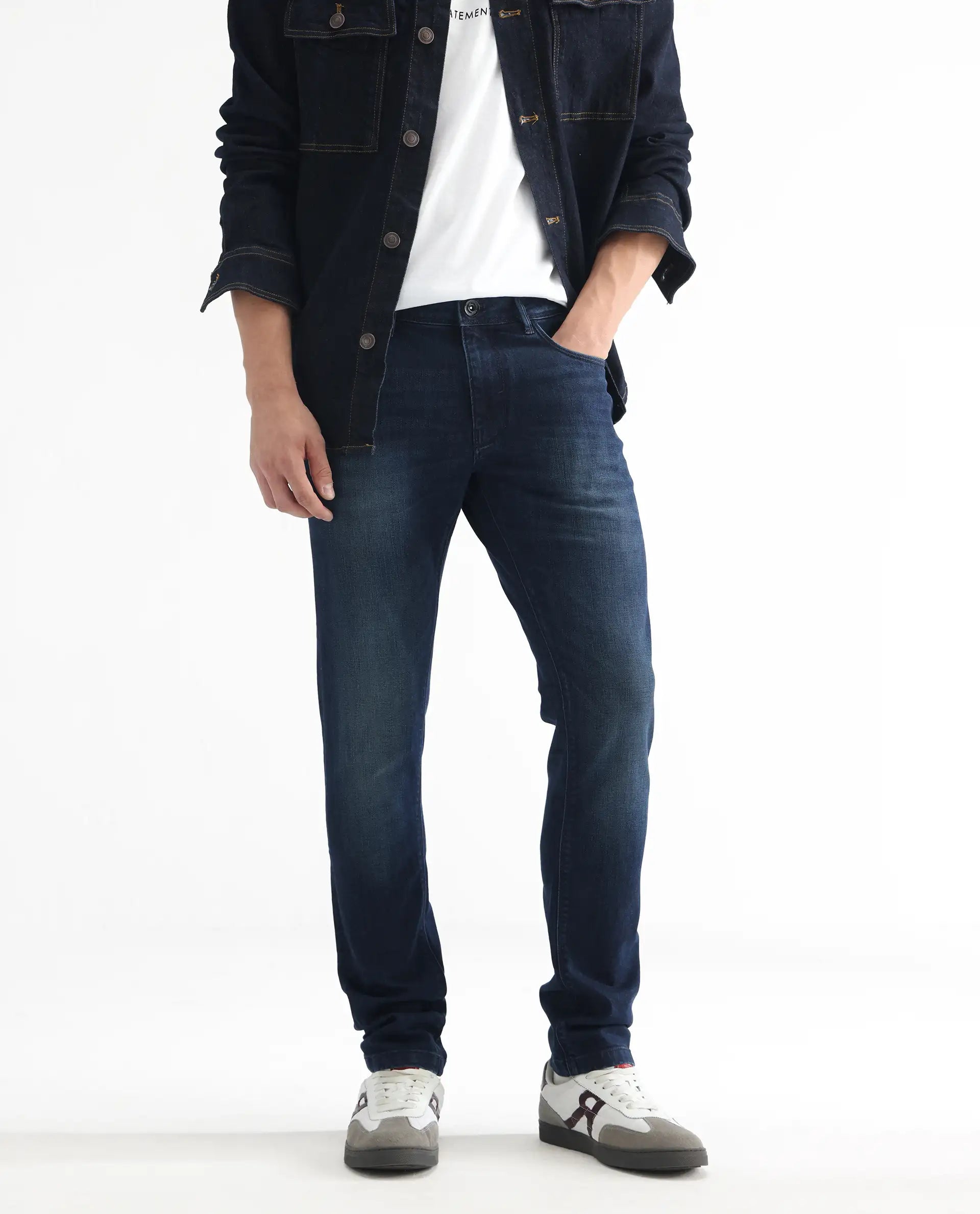 Rare Rabbit Men's Avalon Dark Blue Cotton Plain Hawk Slim Fit Jeans