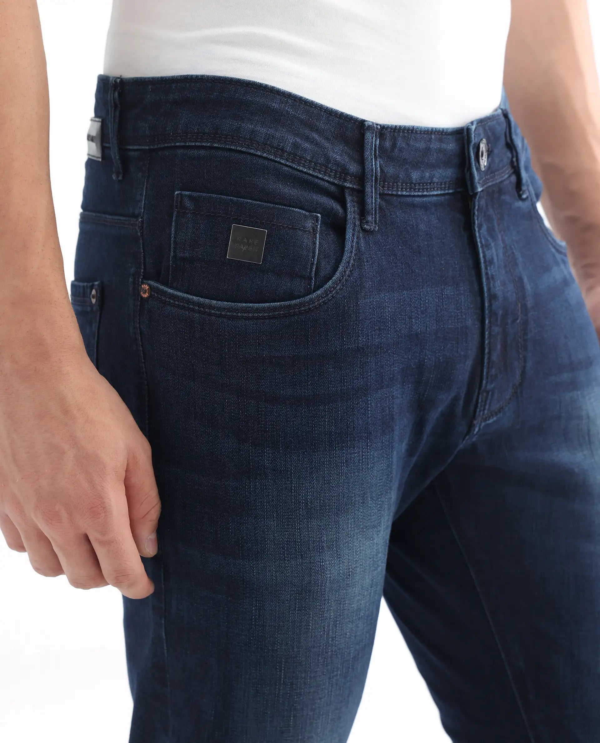 Rare Rabbit Men's Avalon Dark Blue Cotton Plain Hawk Slim Fit Jeans