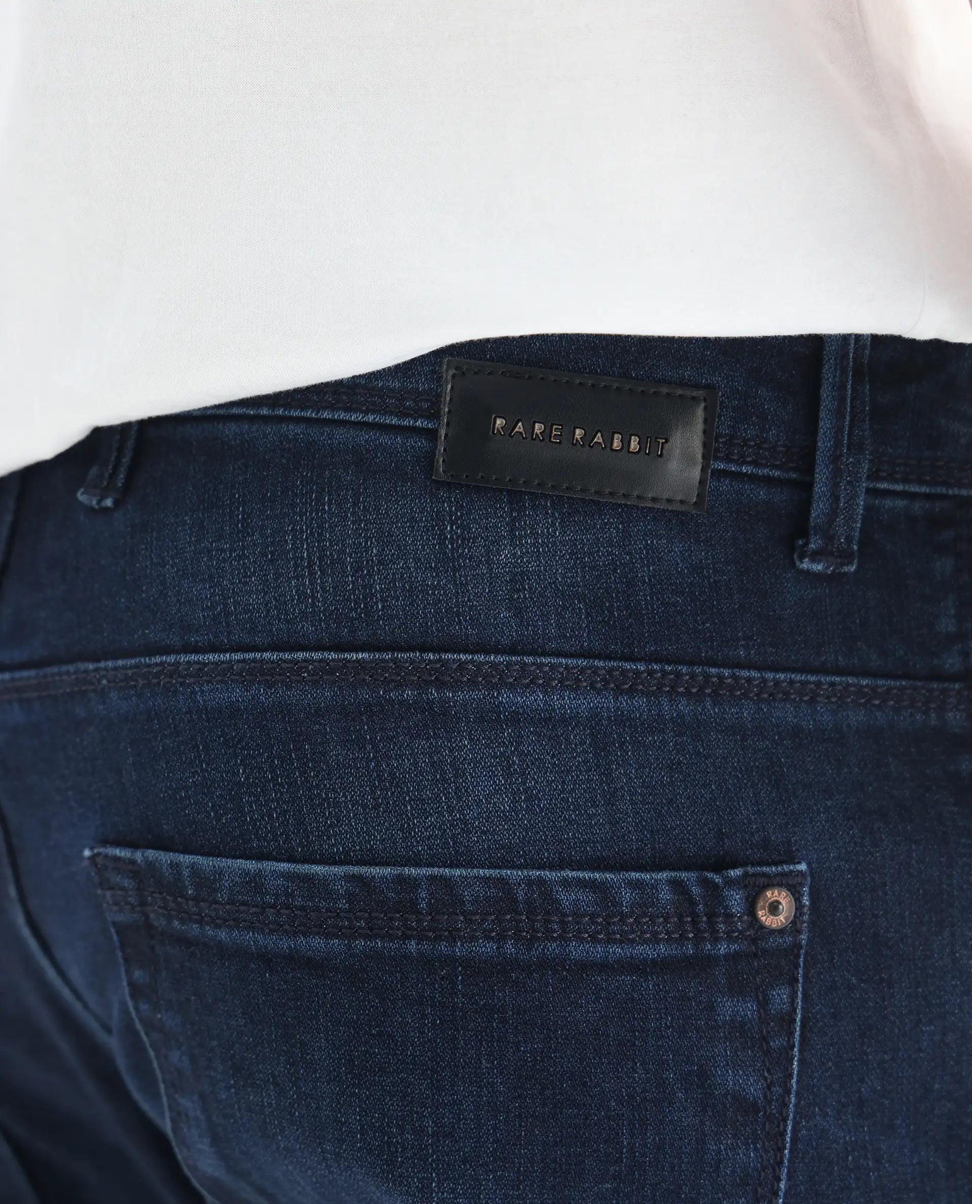 Rare Rabbit Men's Avalon Dark Blue Cotton Plain Hawk Slim Fit Jeans