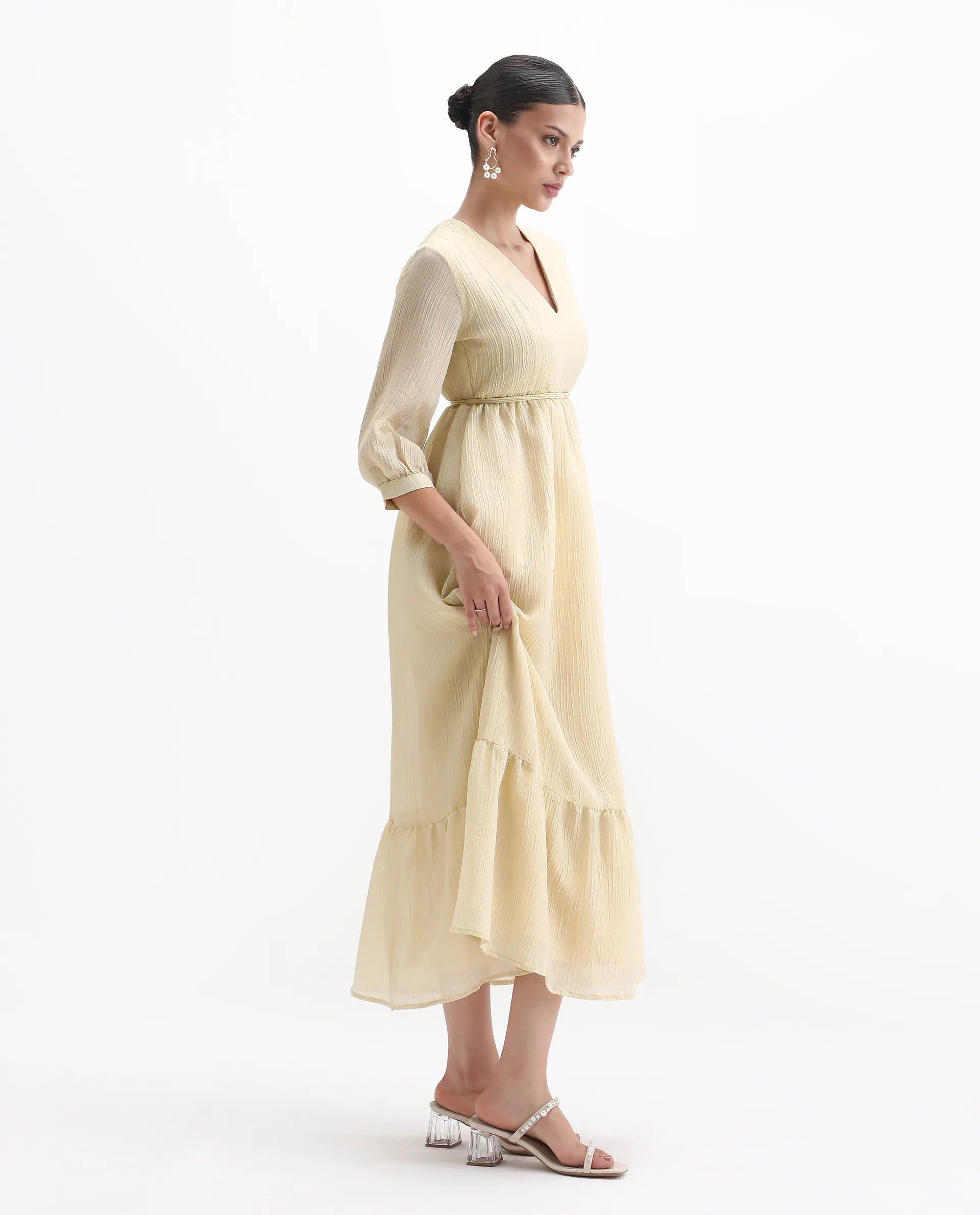 Rareism Women's Avico Gold Viscose V-Neck Fit And Flare Plain Dress