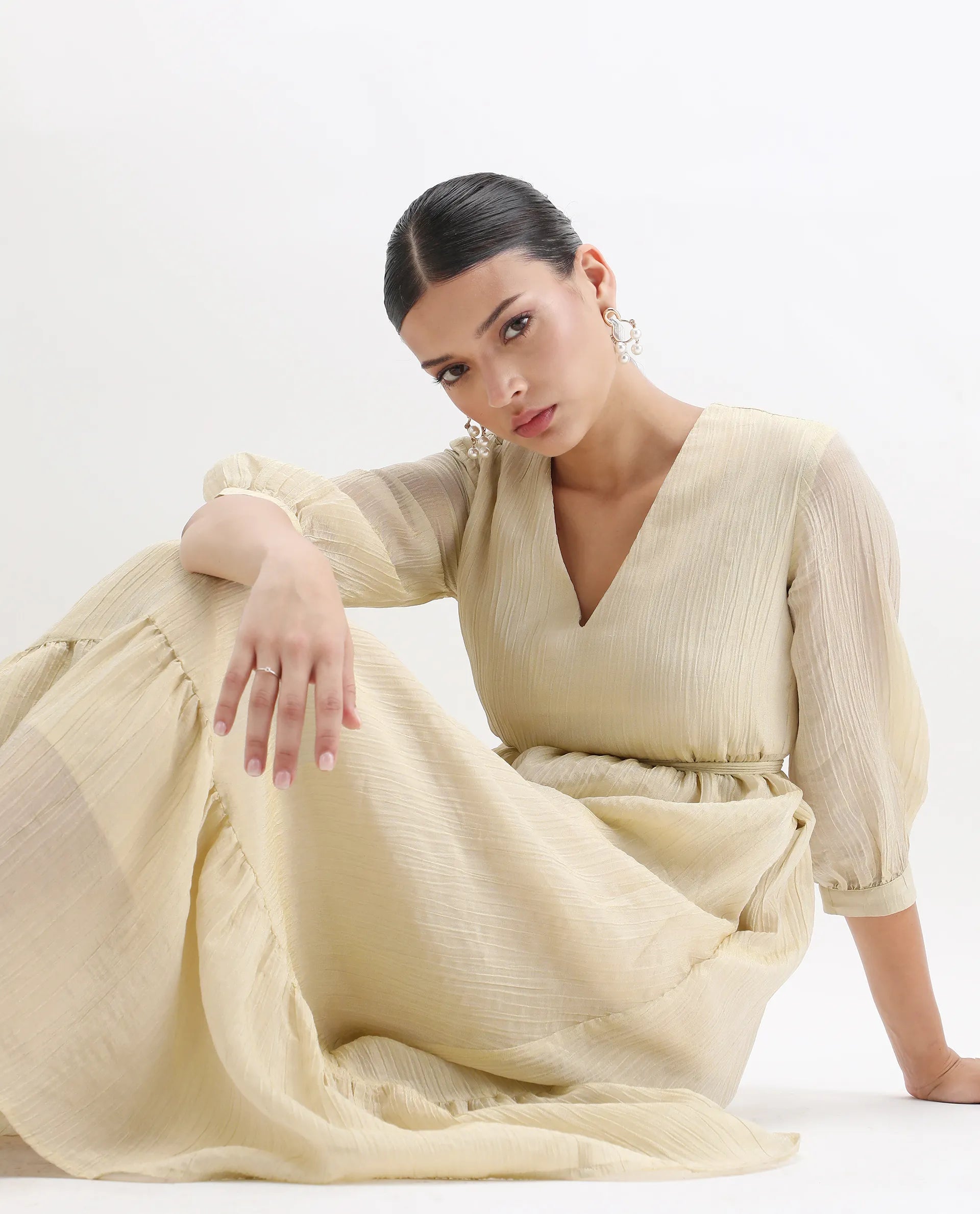 Rareism Women's Avico Gold Viscose V-Neck Fit And Flare Plain Dress