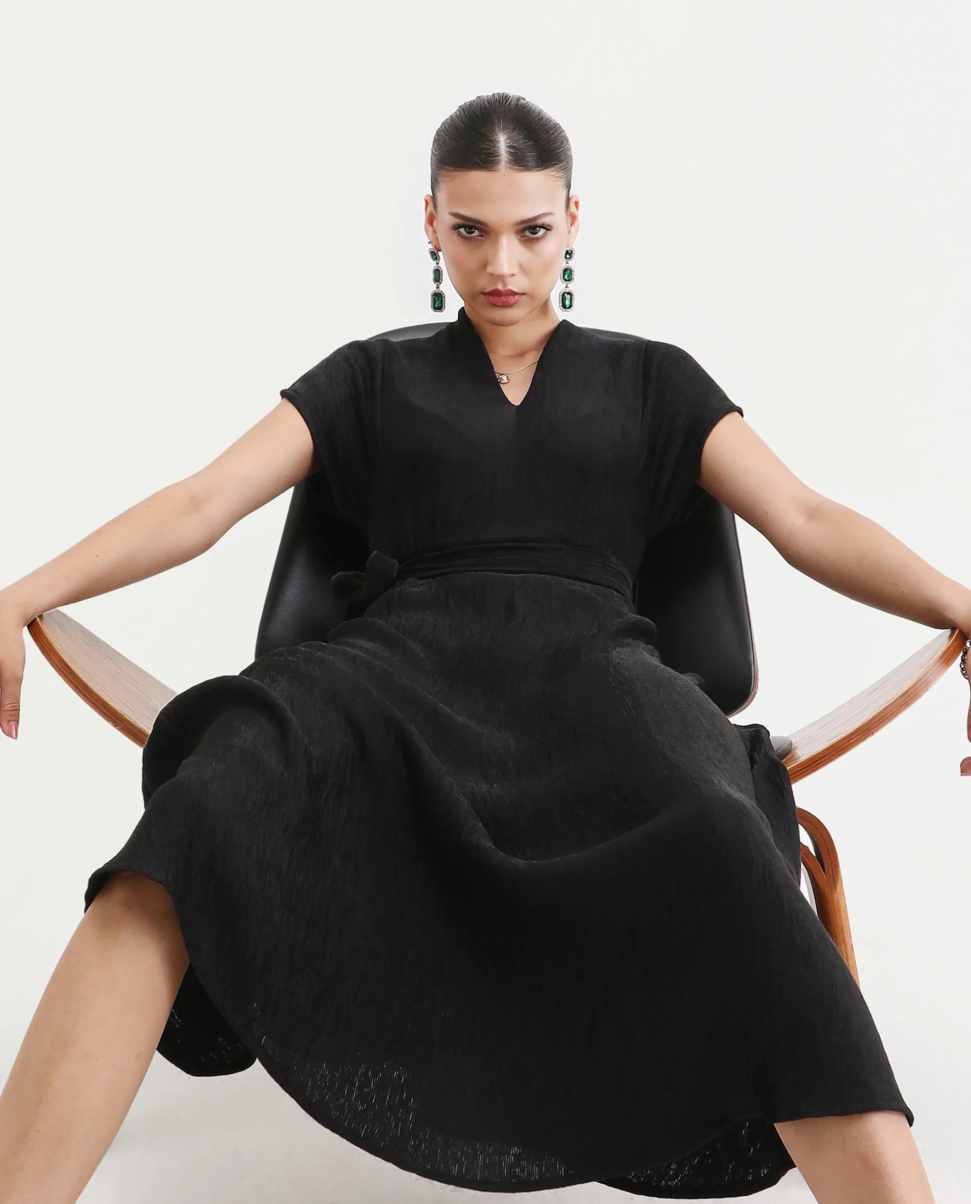 Rareism Women's Aviha Black Nylon Blend V-Neck Flared Plain Dress