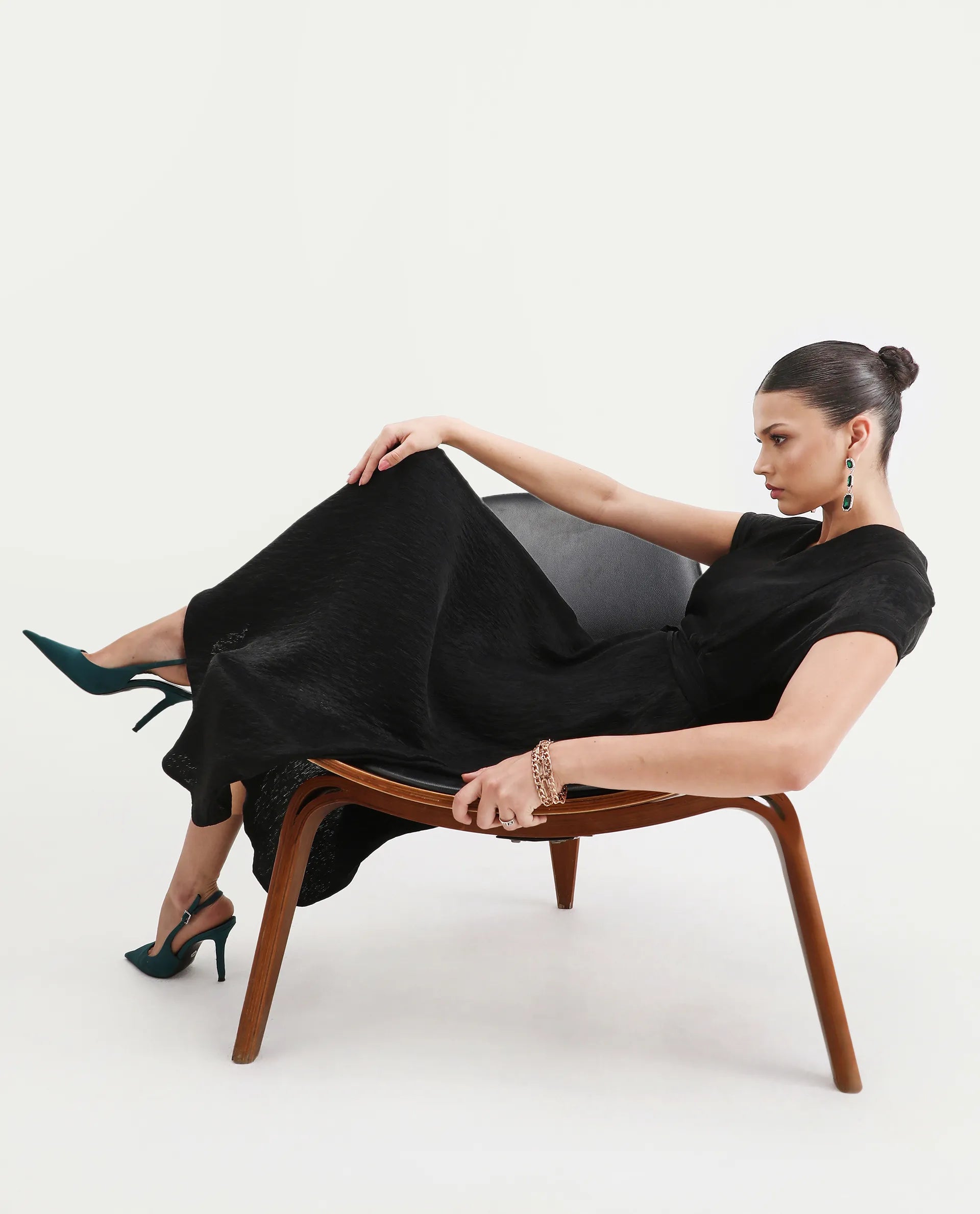 Rareism Women's Aviha Black Nylon Blend V-Neck Flared Plain Dress