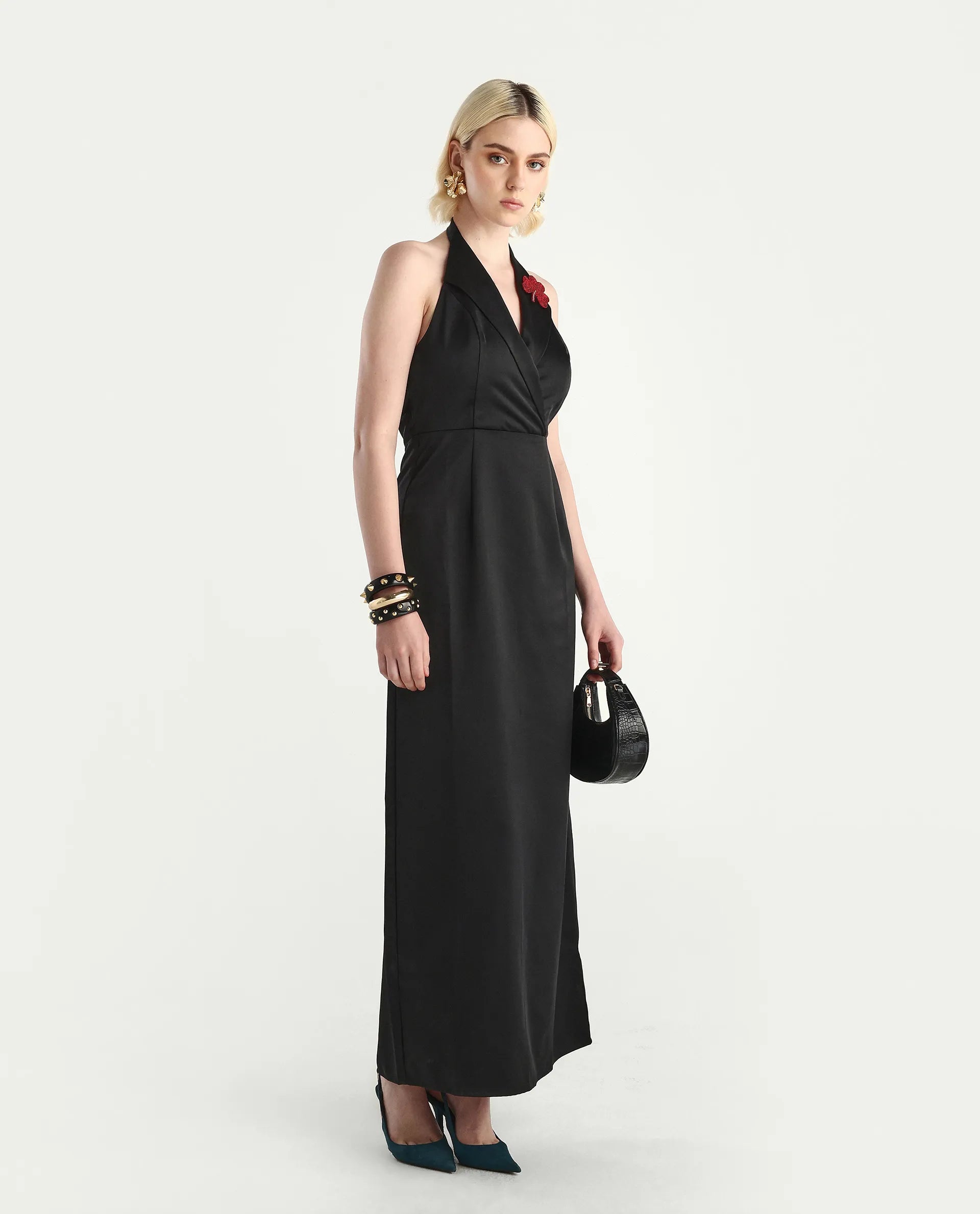 Rareism Women's Avila Black Polyester Halter Neck Fitted Plain Dress