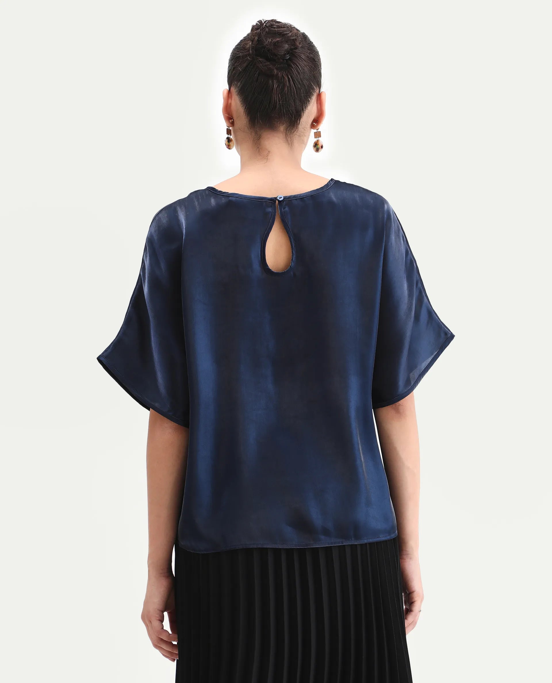 Rareism Women's Avili Navy Polyester Round Neck Boxy Fit Plain Top