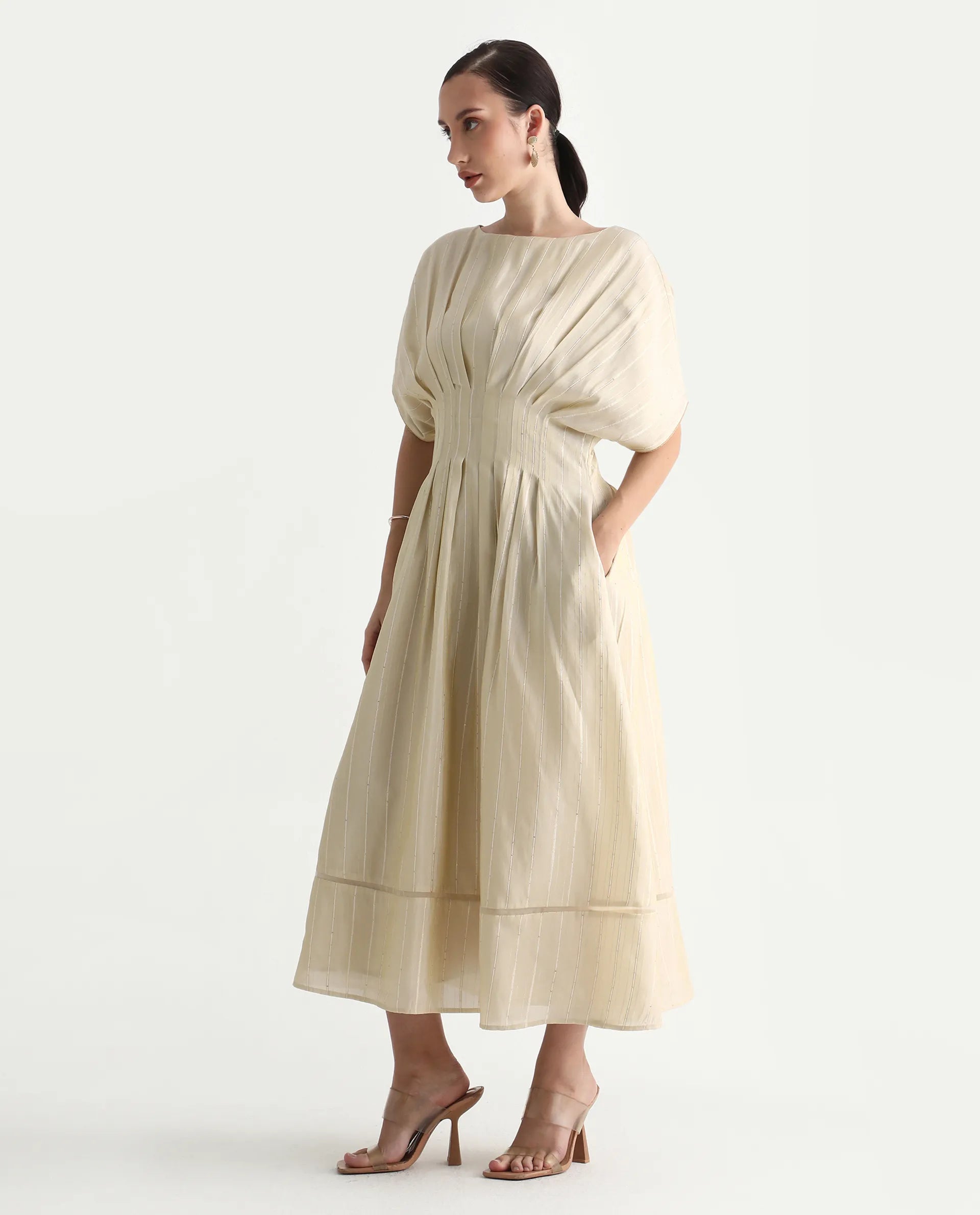 Rareism Women's Avimi Off White Viscose Round Neck Fit And Flare Plain Midi Dress