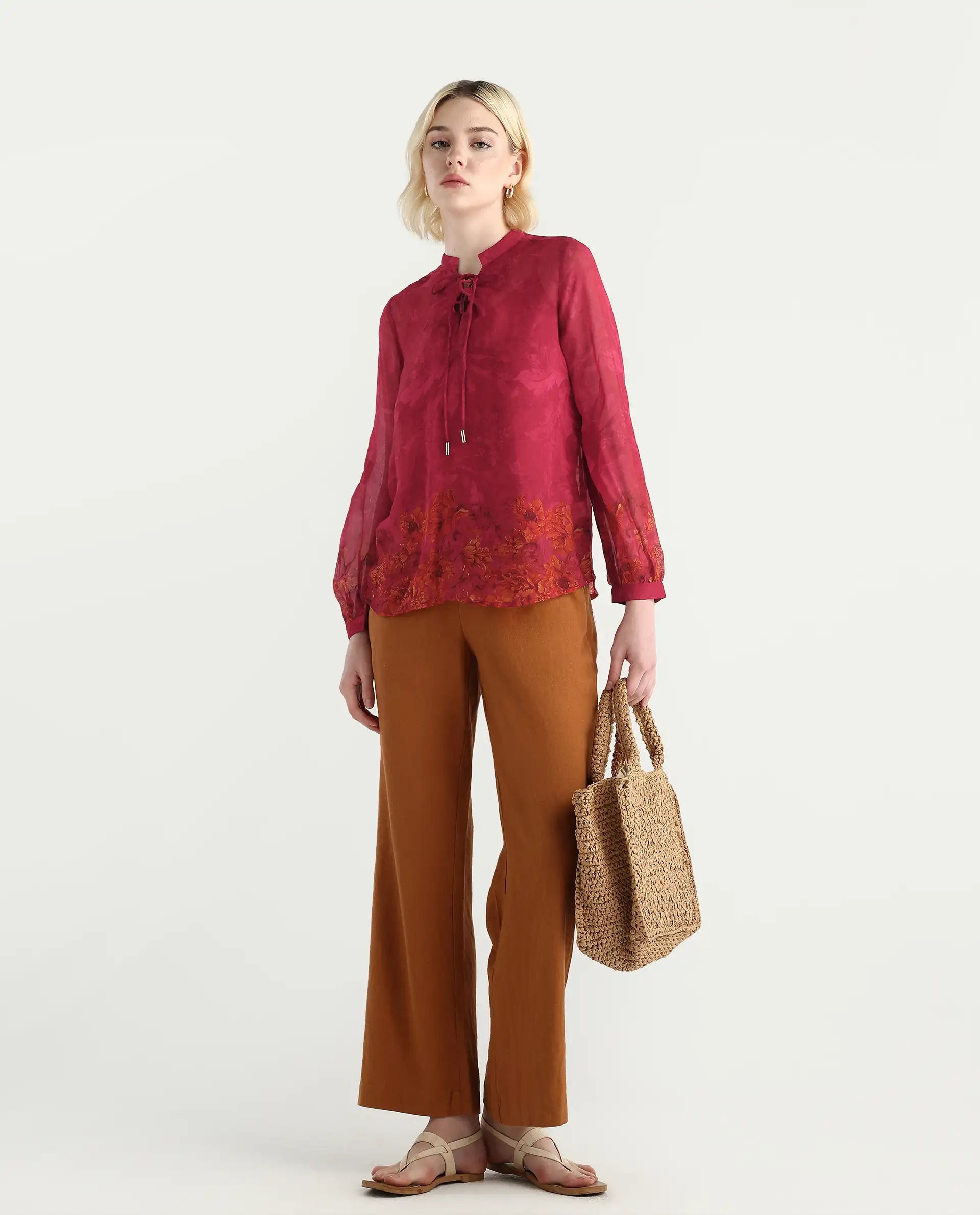 Rareism Women's Avint Pink Viscose Crew Neck Regular Fit Top