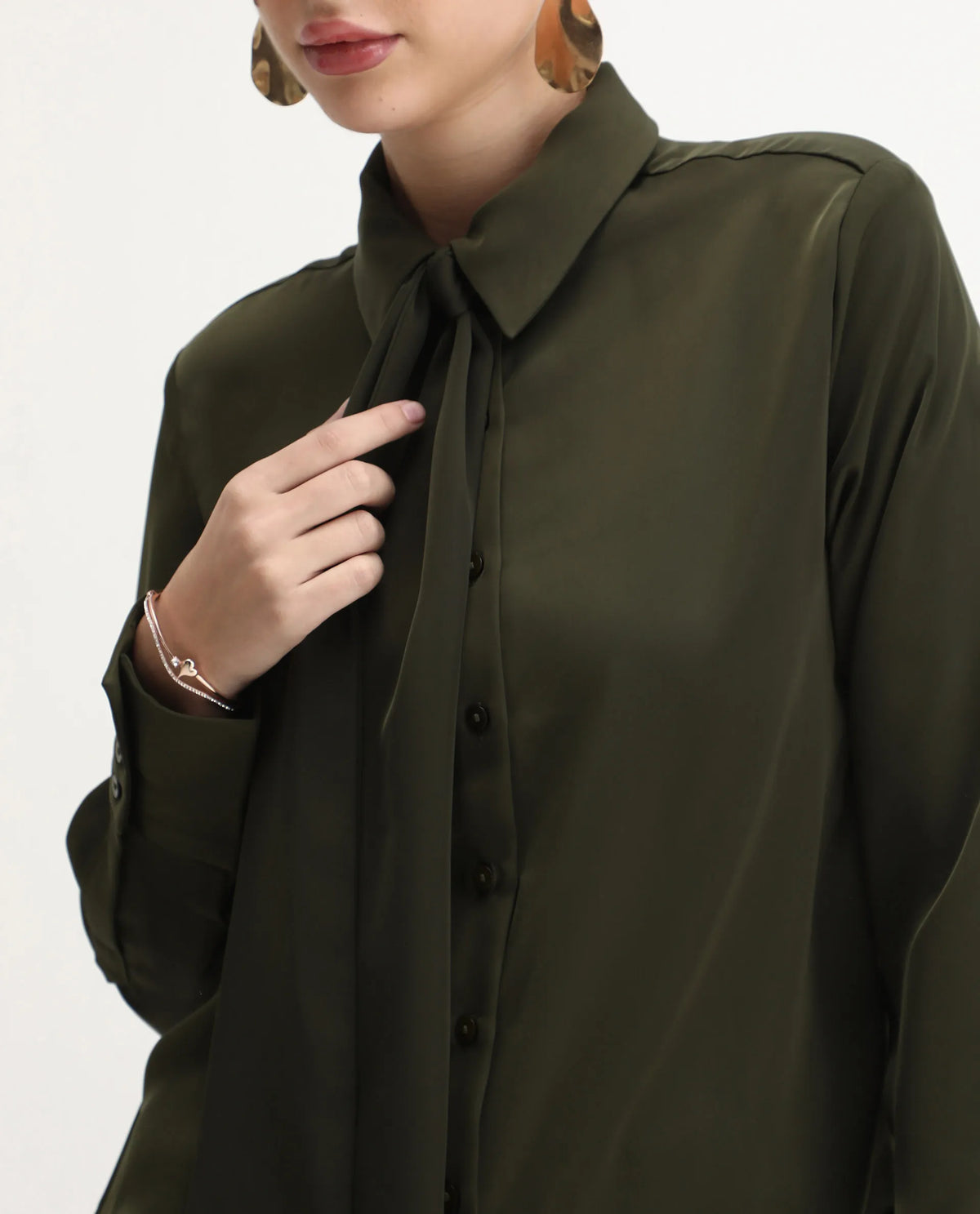 Rareism Women Aviol Olive Collared Neck Button Closure Plain Shirt