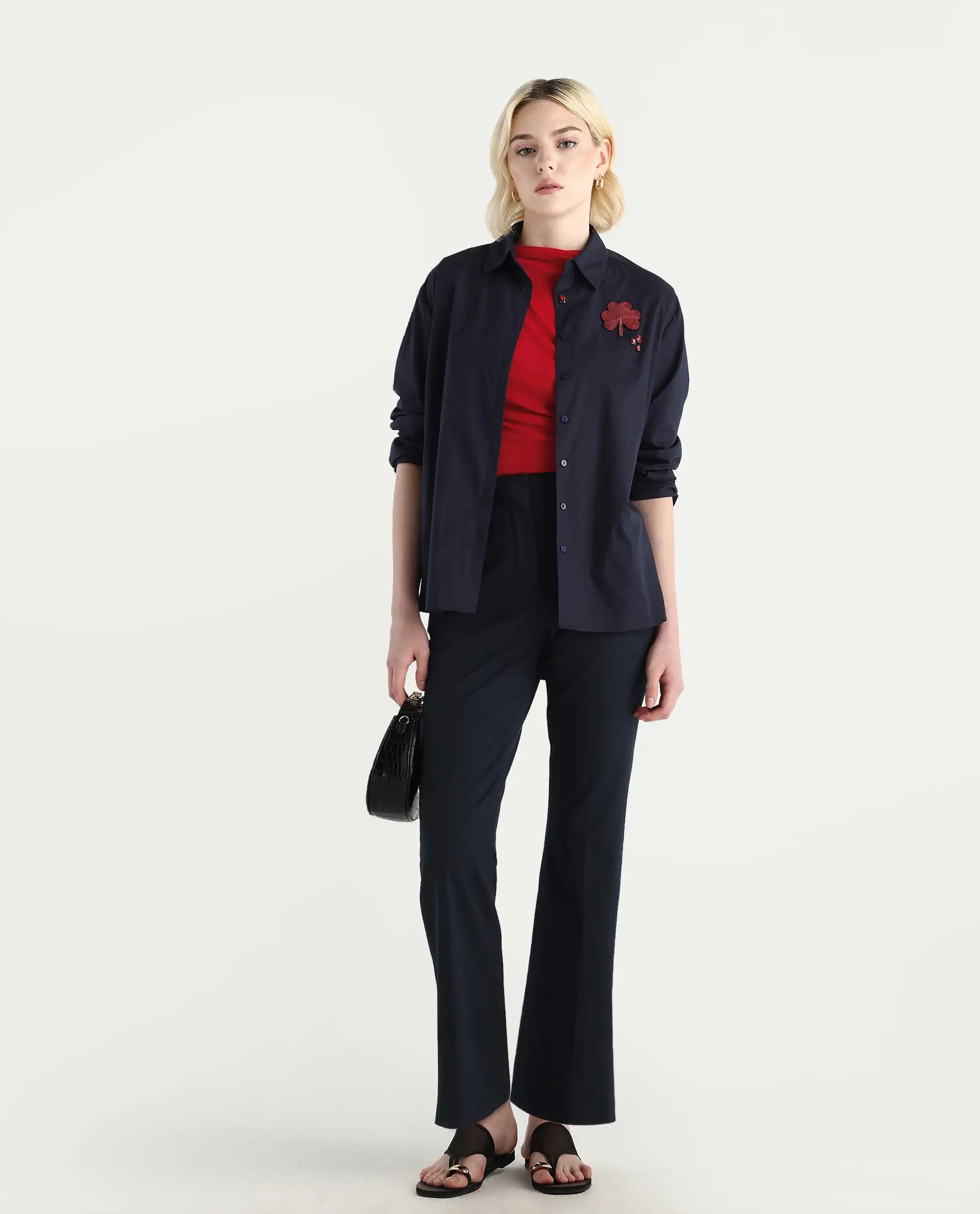 Rareism Women's Avion Navy Cotton Blend Collared Neck Boxy Fit Shirt
