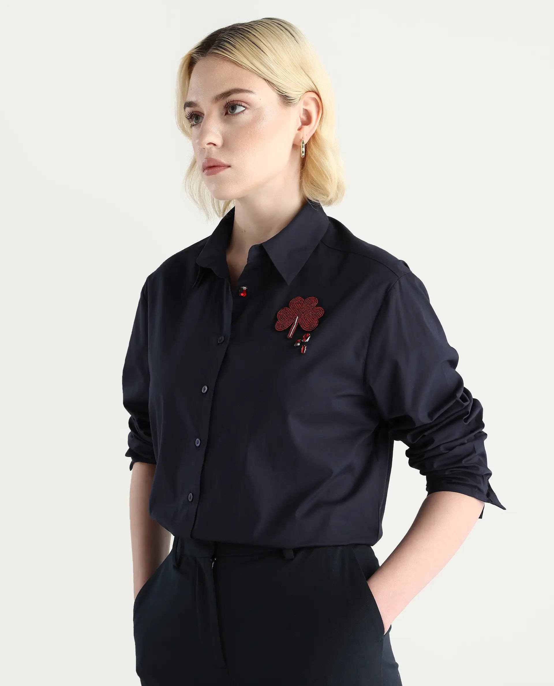 Rareism Women's Avion Navy Cotton Blend Collared Neck Boxy Fit Shirt