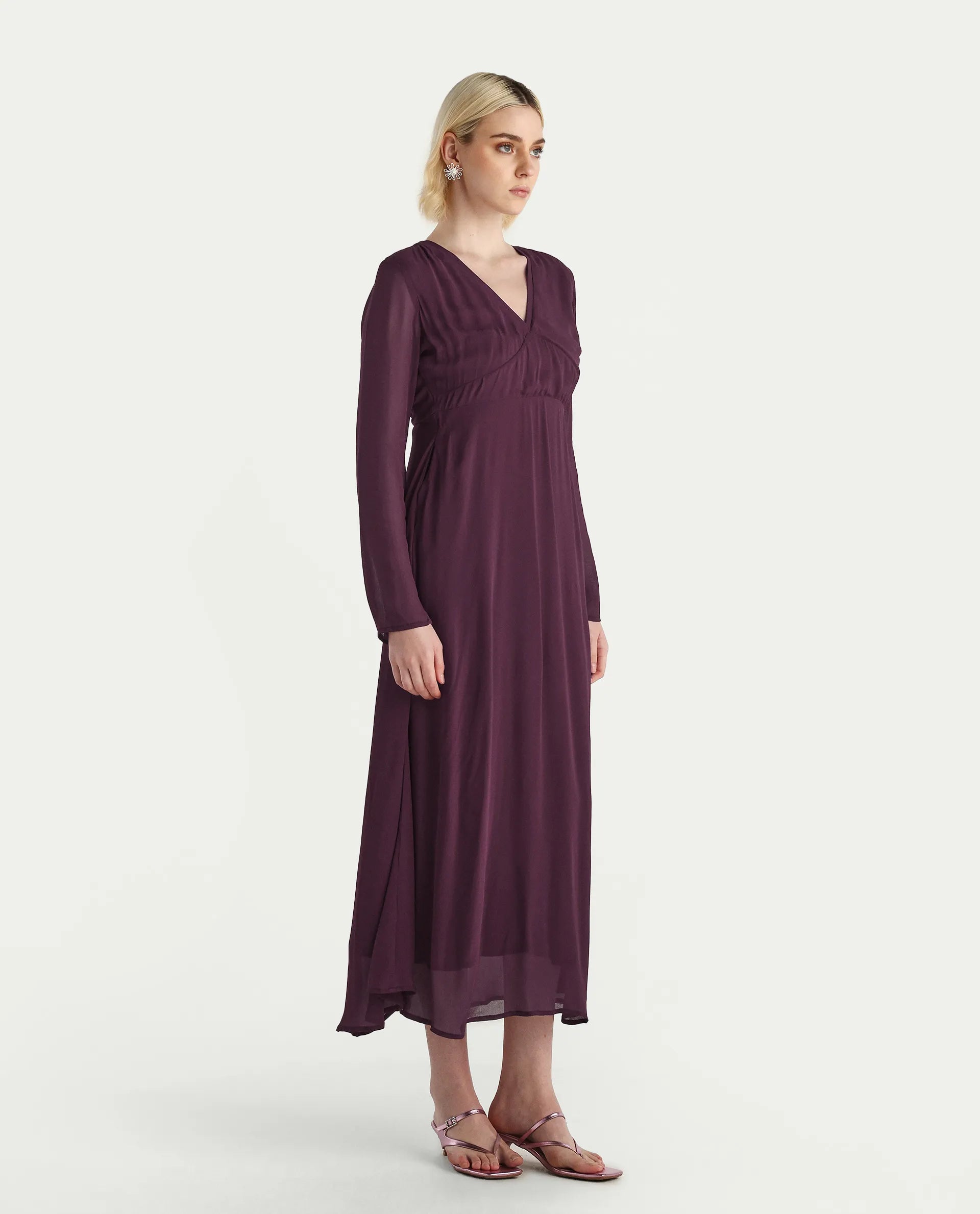 Rareism Women's Aviri Maroon Viscose V-Neck Fit And Flare Plain Dress