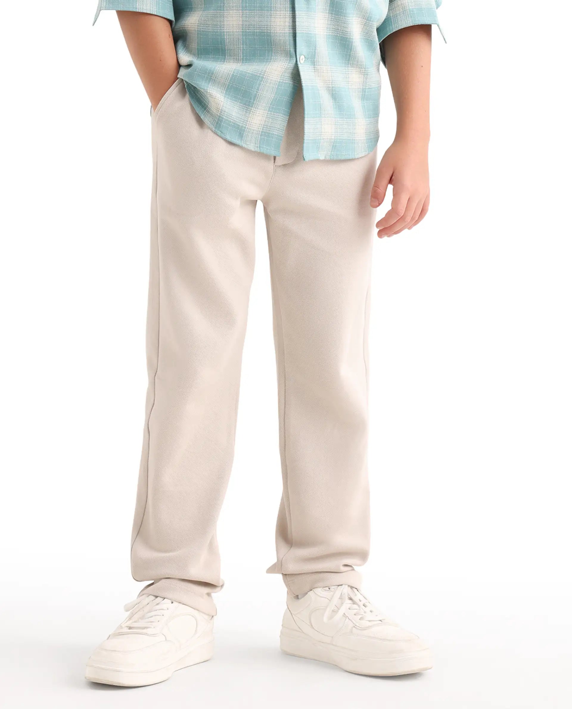 Rare Ones Kids Aura Off White Cotton Fabric Button And Zipper Closure Straight Fit Trouser