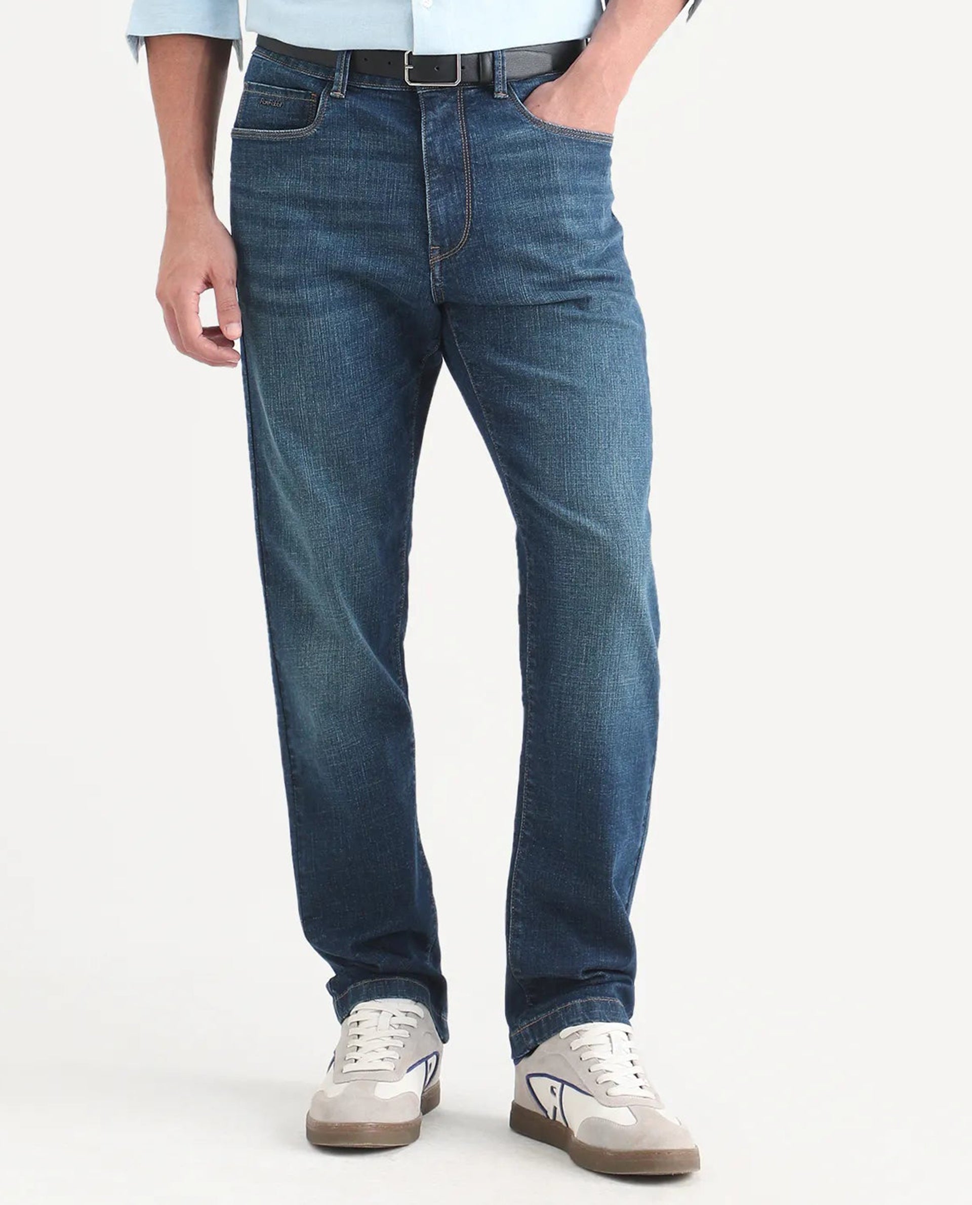 Rare Rabbit Men's Axel M Blue Cotton Blend Morris Regular Fit Plain Jeans