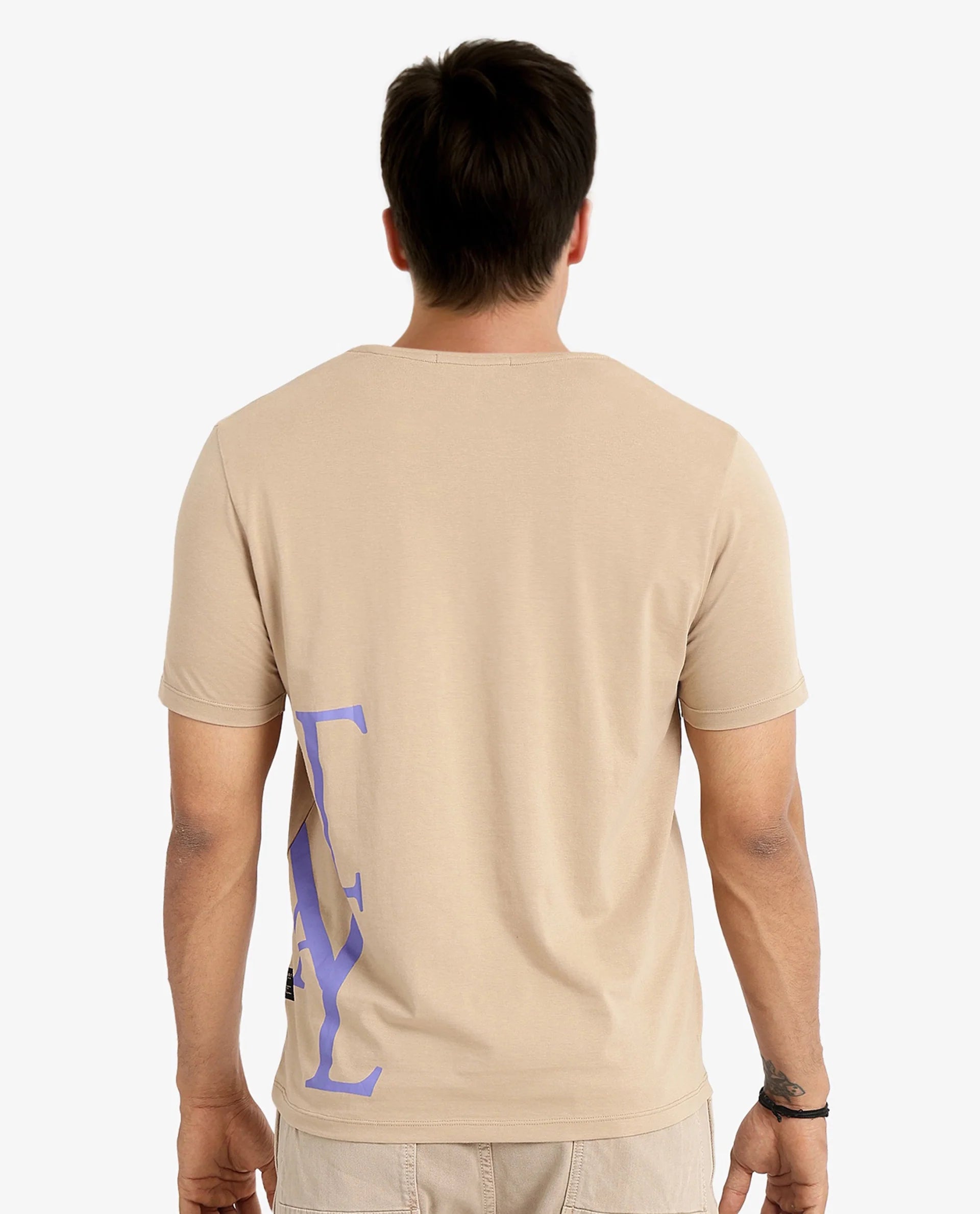 Rare Rabbit Men Ayden Beige Cotton Lycra Fabric Short Sleeve Crew Neck Regular Fit Graphic Print T-Shirt