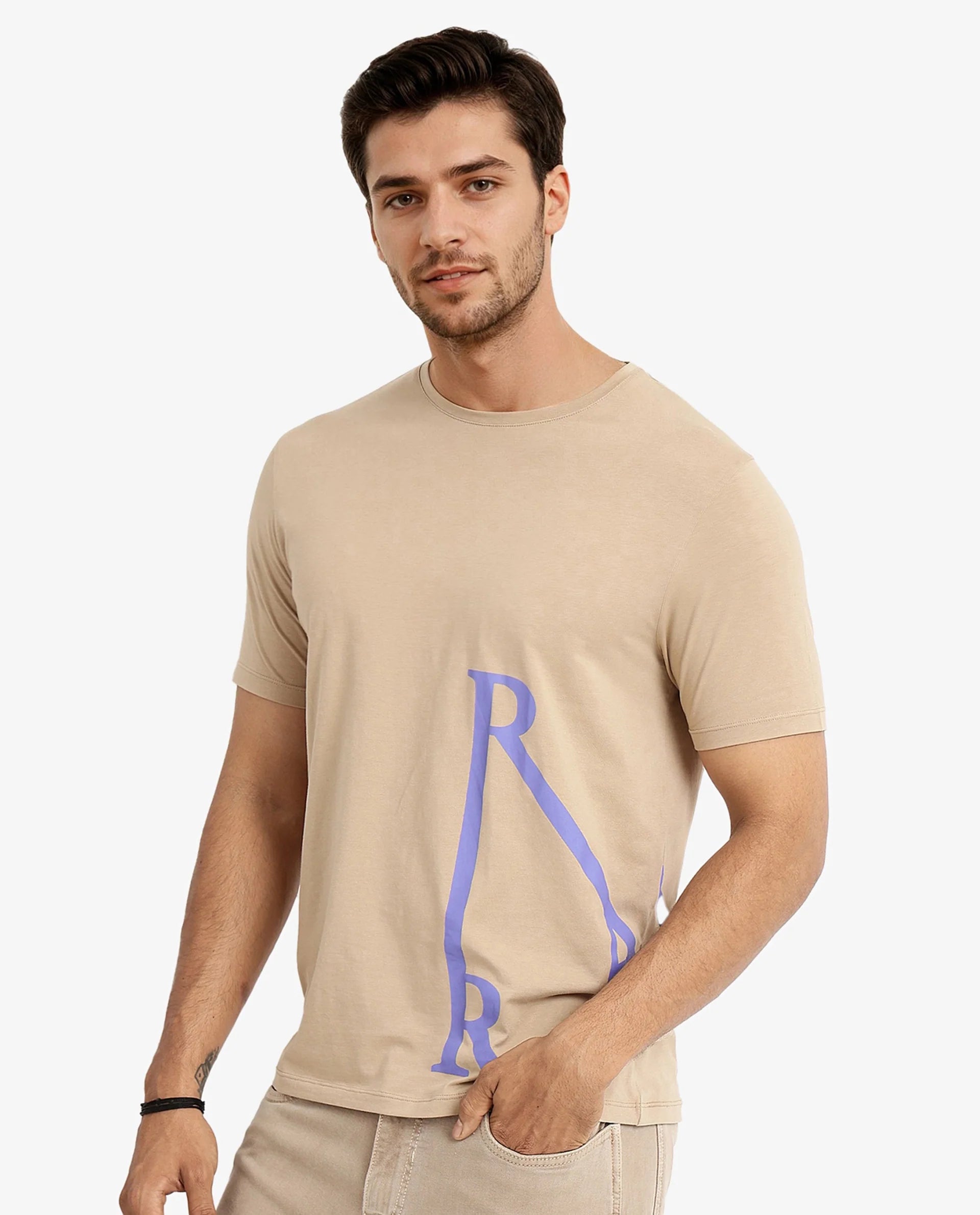 Rare Rabbit Men Ayden Beige Cotton Lycra Fabric Short Sleeve Crew Neck Regular Fit Graphic Print T-Shirt