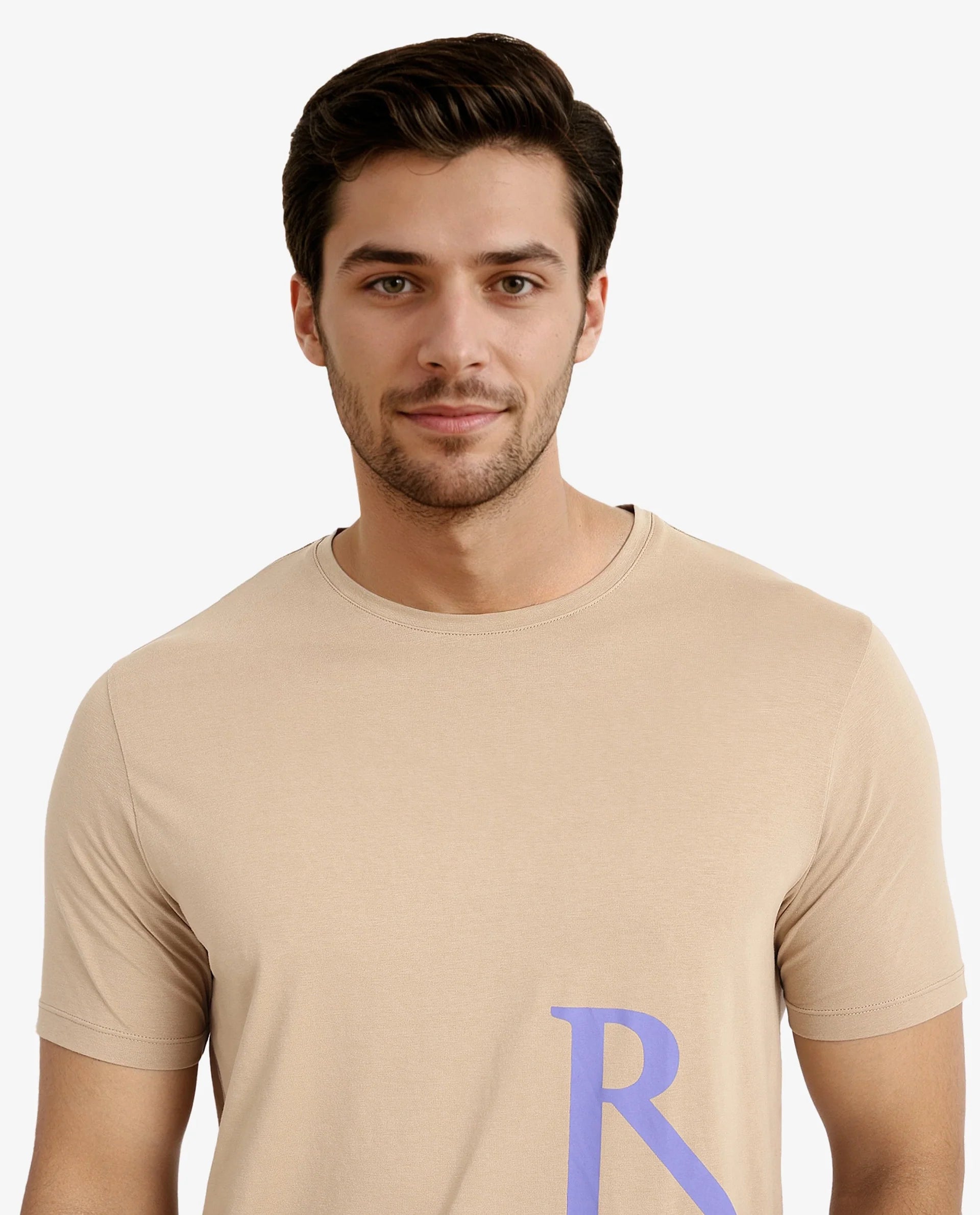 Rare Rabbit Men Ayden Beige Cotton Lycra Fabric Short Sleeve Crew Neck Regular Fit Graphic Print T-Shirt