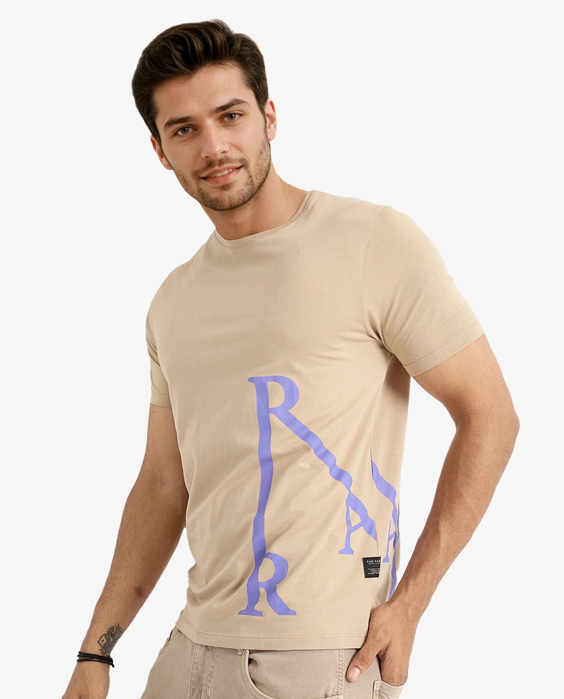 Rare Rabbit Men Ayden Beige Cotton Lycra Fabric Short Sleeve Crew Neck Regular Fit Graphic Print T-Shirt
