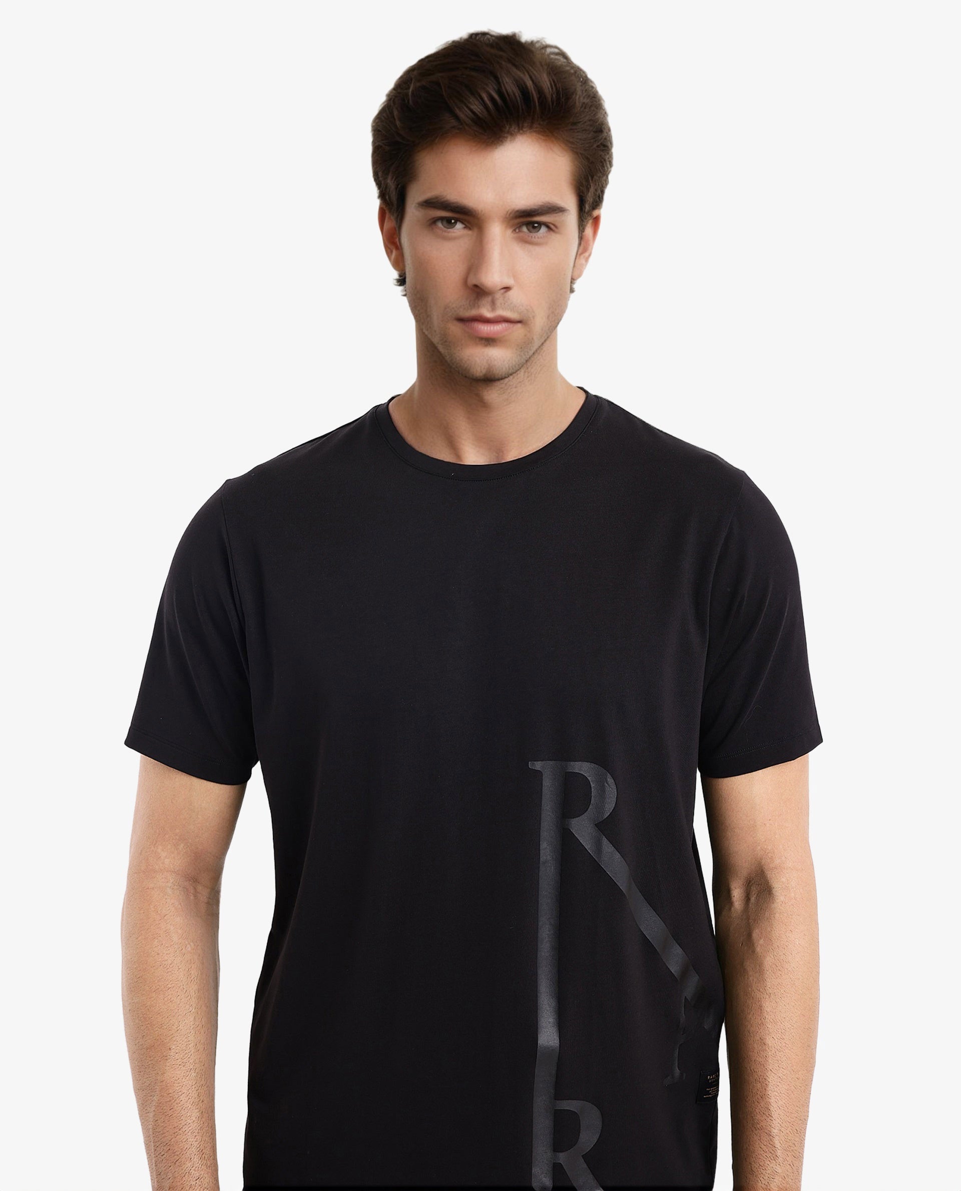 Rare Rabbit Men Ayden Black Cotton Lycra Fabric Short Sleeve Crew Neck Regular Fit Graphic Print T-Shirt