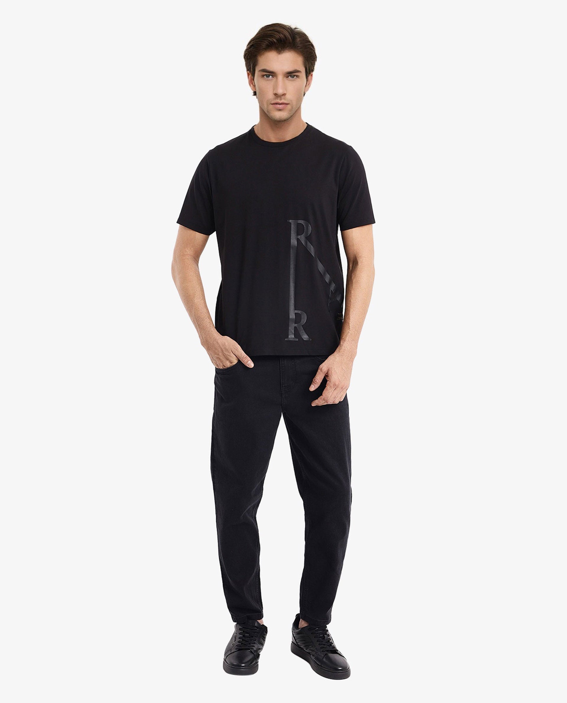 Rare Rabbit Men Ayden Black Cotton Lycra Fabric Short Sleeve Crew Neck Regular Fit Graphic Print T-Shirt